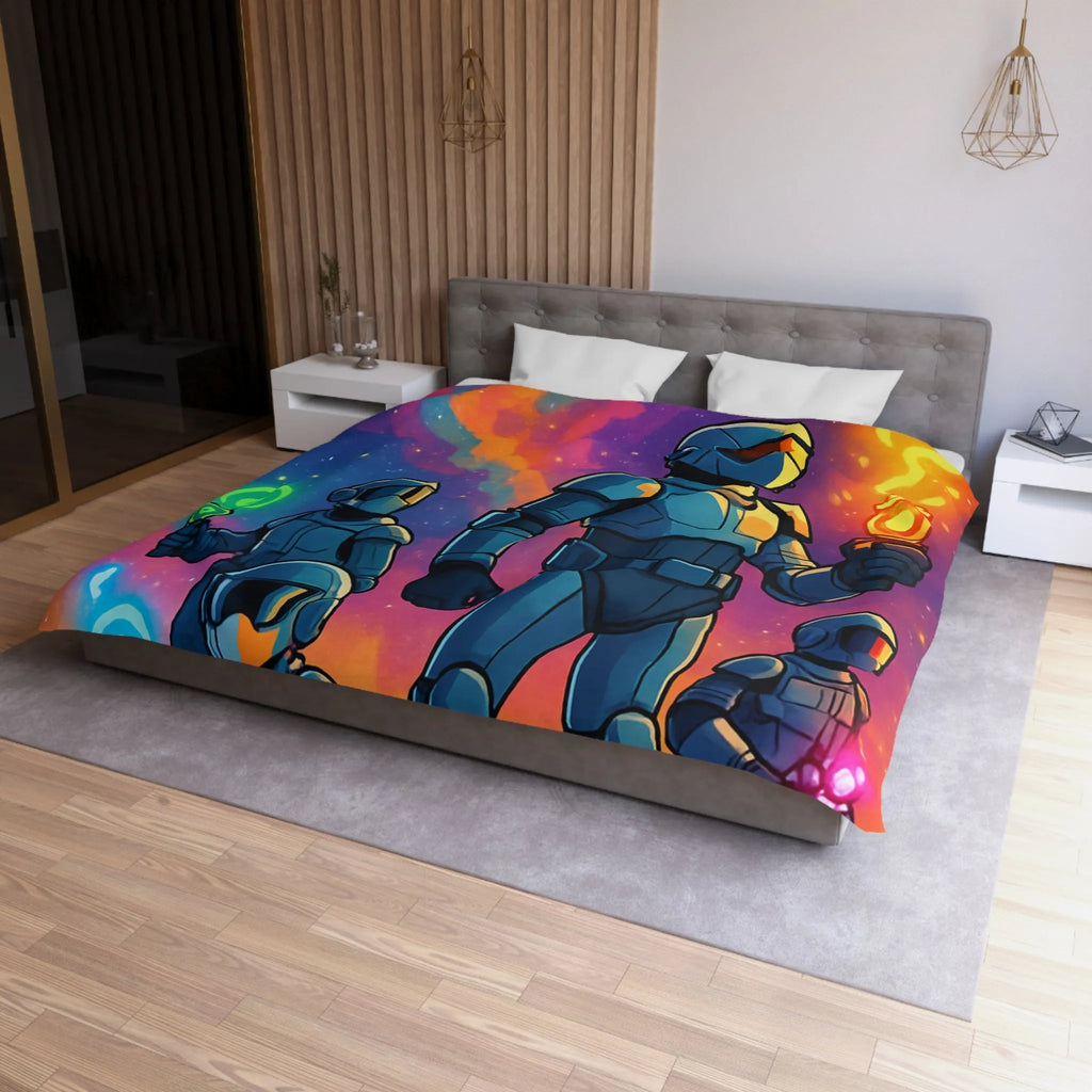 Housse de couette futuriste colorée avec quatre astronautes sous galaxie vibrante et étoilée