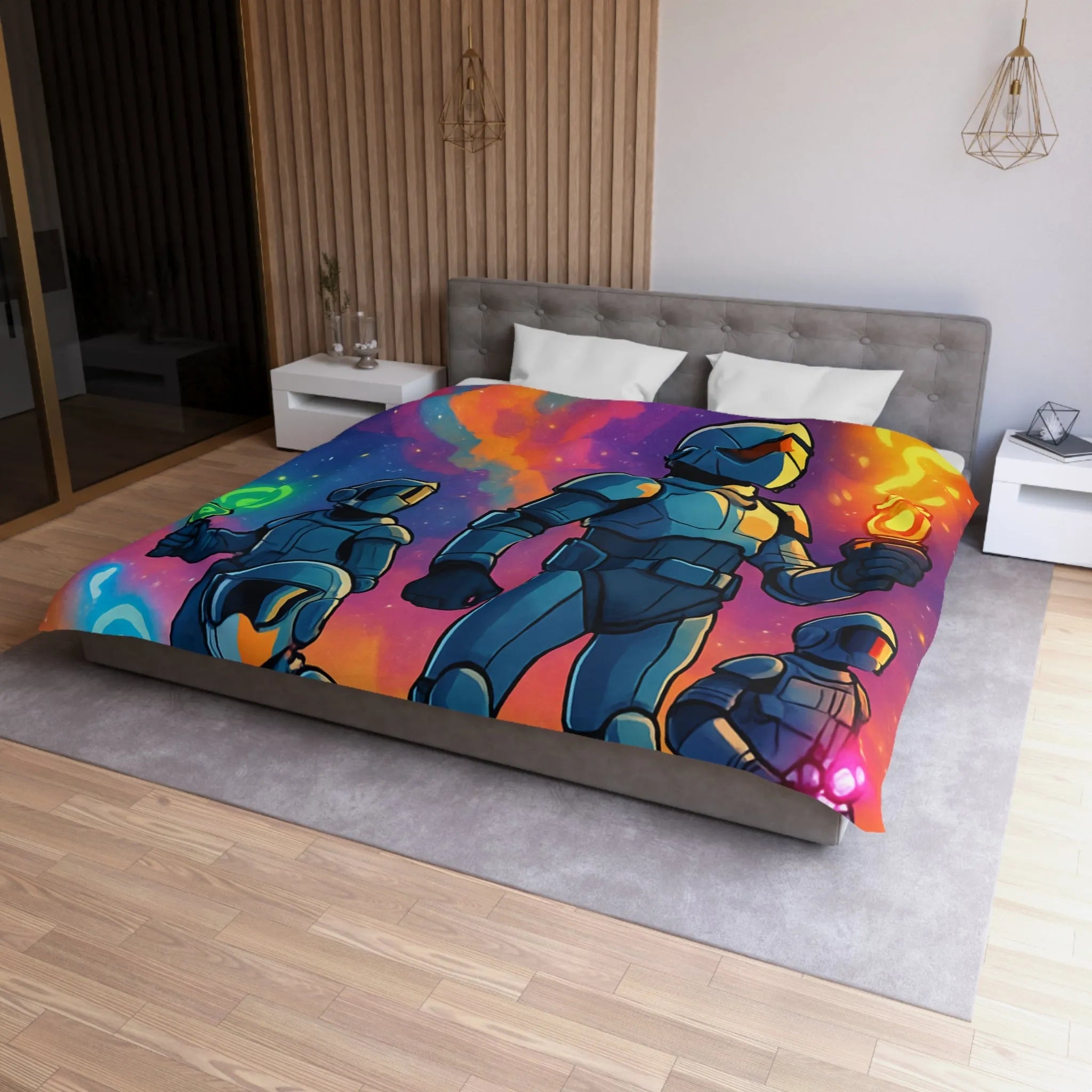 Housse de couette futuriste colorée avec quatre astronautes sous galaxie vibrante et étoilée