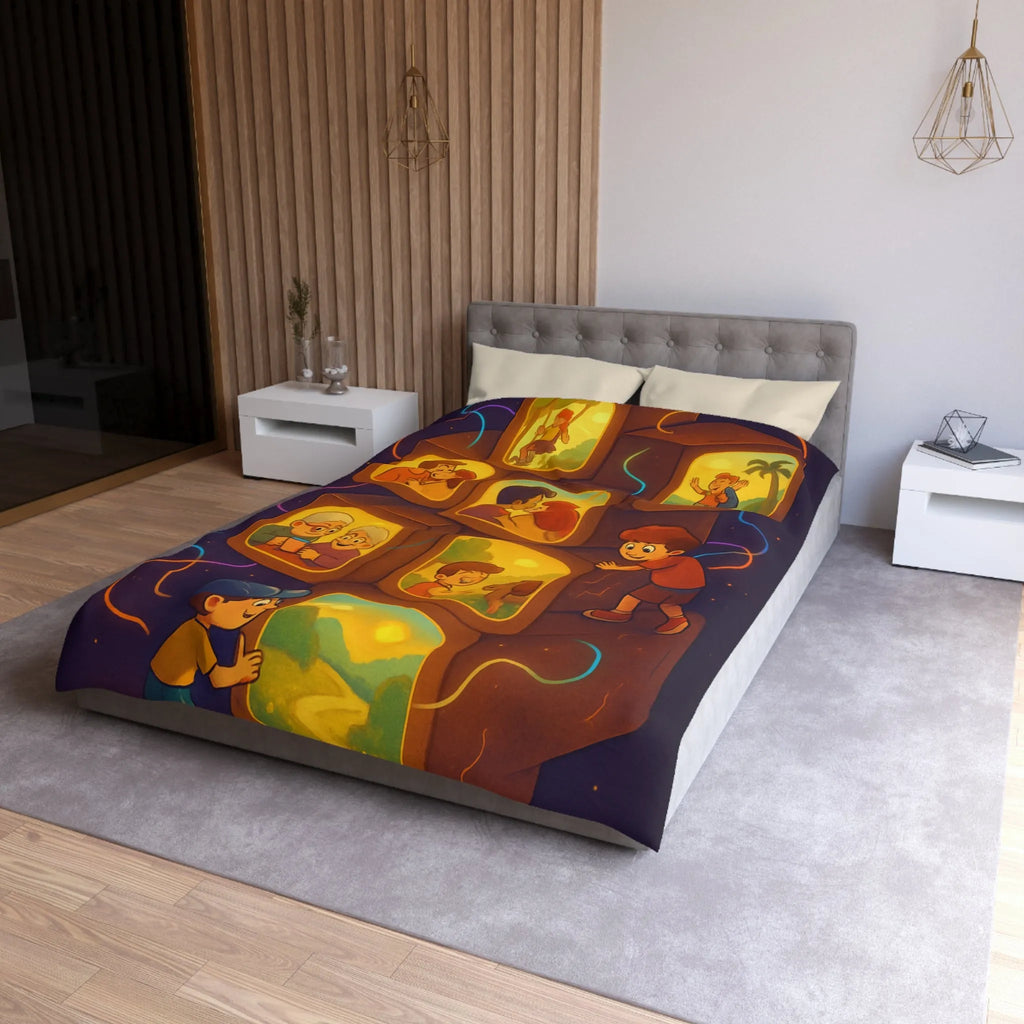 Housse de Couette Illustrée avec Scènes de Famille et Couleurs Chaudes, Ambiance Rétro