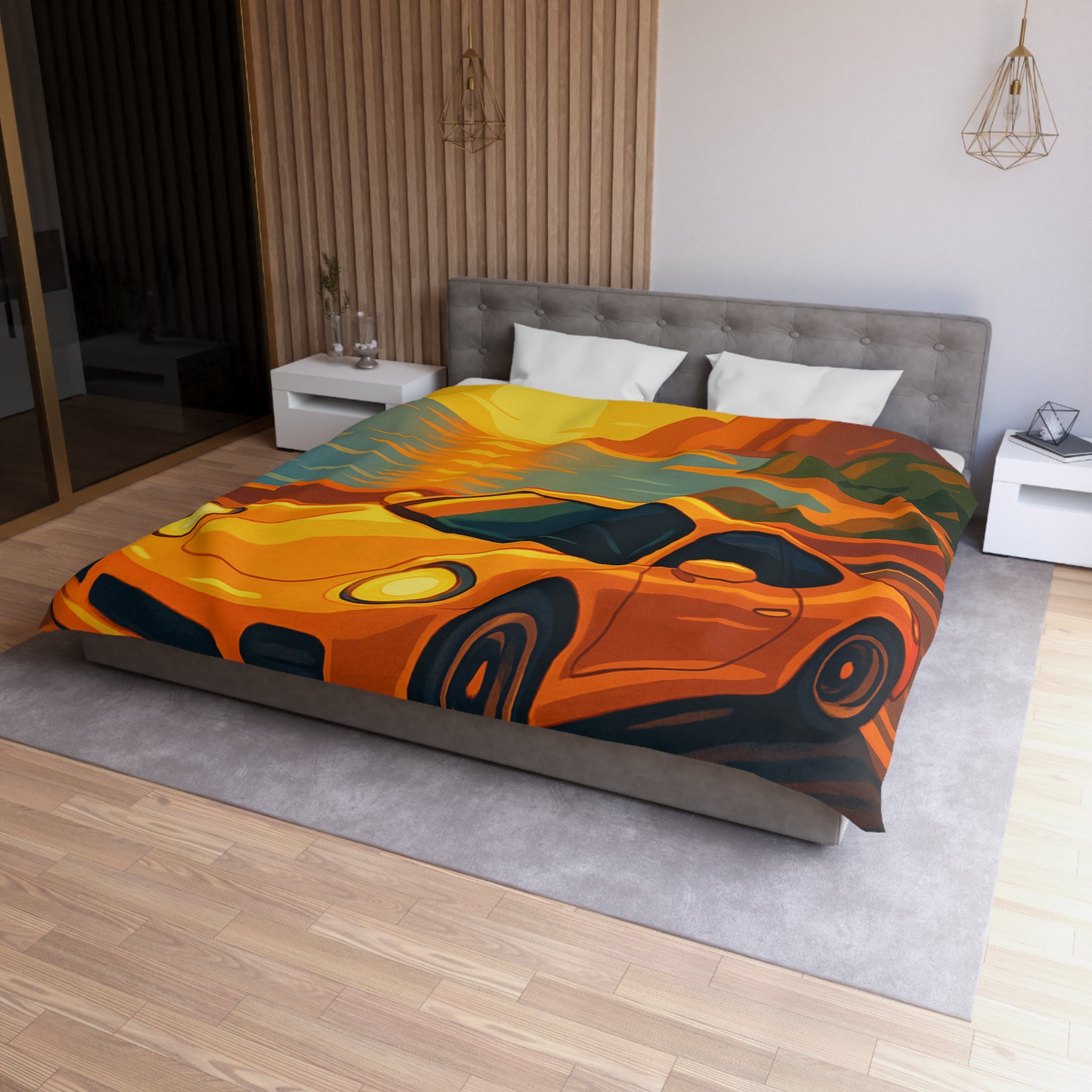 Housse de couette voiture sportive orange route côtière coucher de soleil paysage vibrant