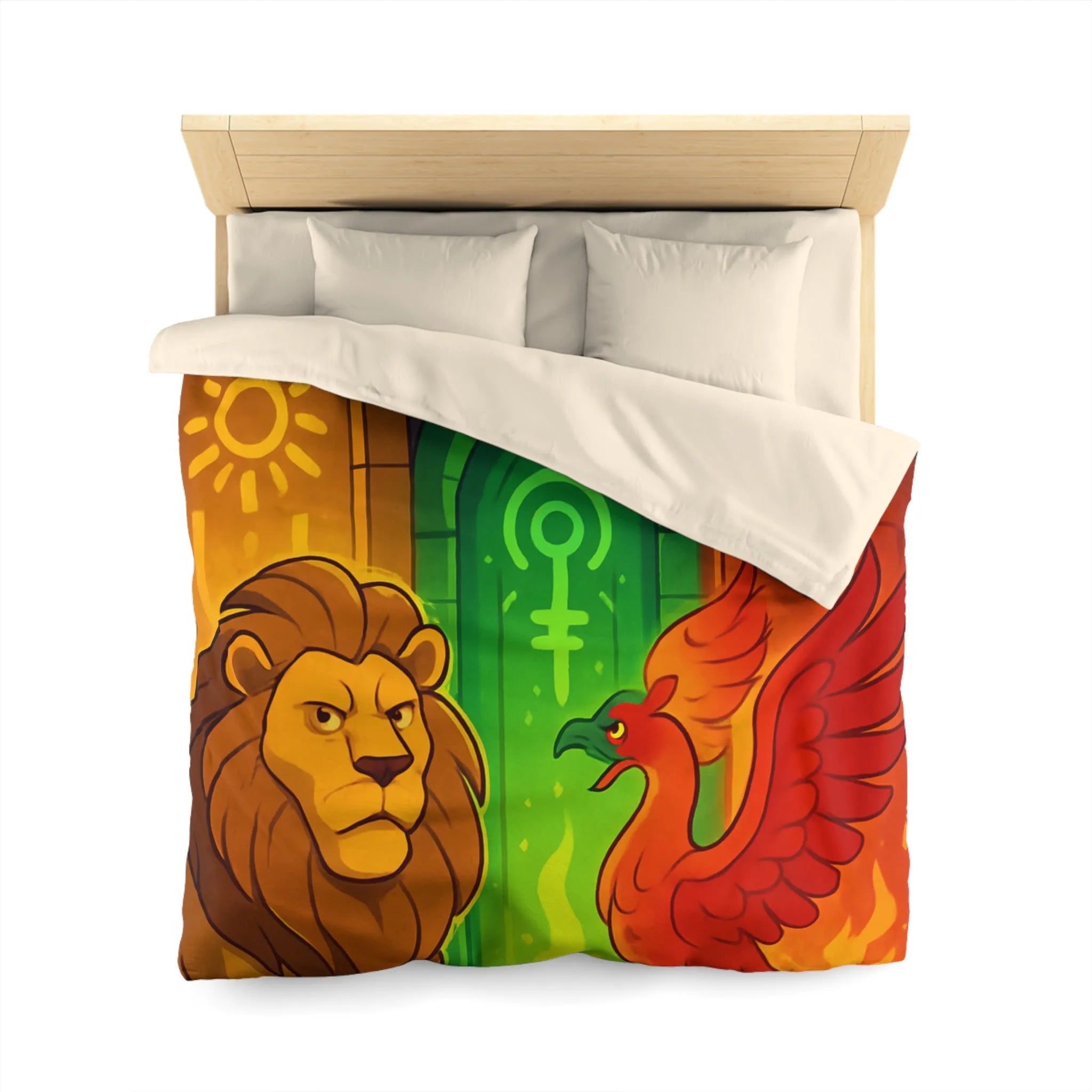 Housse de couette avec motifs lion, serpent et phénix sur fond médiéval magique