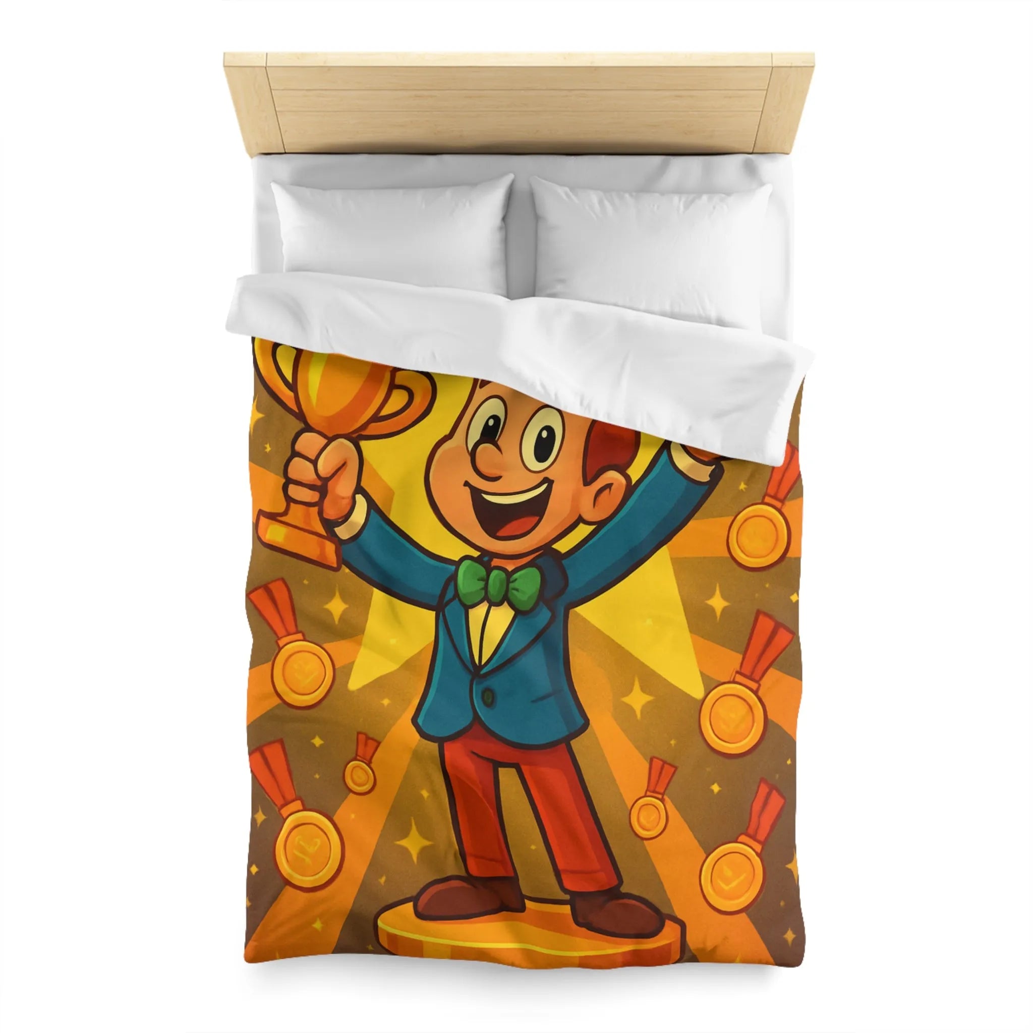 Housse de Couette Enfant avec Illustration Jeune Champion Débordant de Joie et Médailles