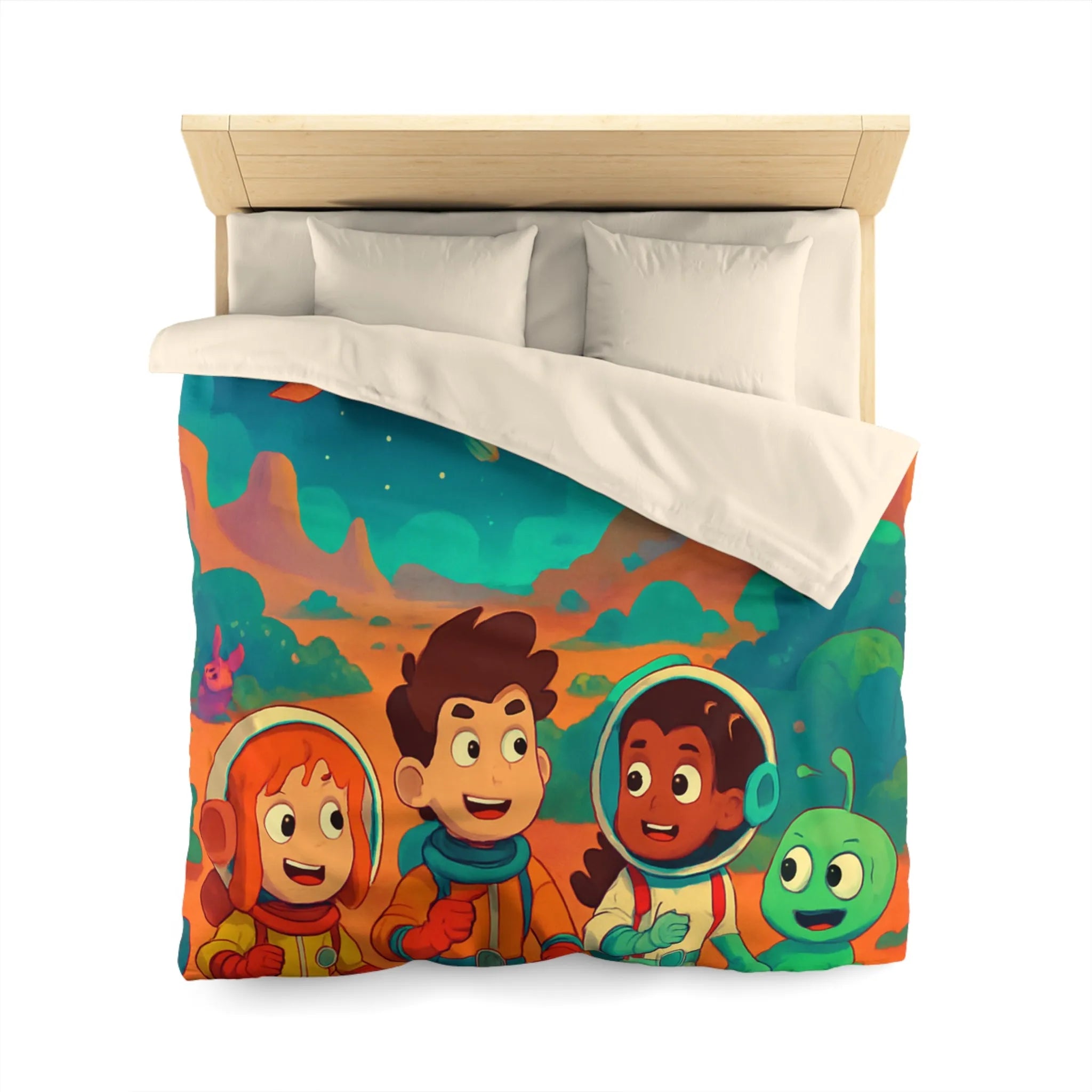 Housse de couette espace enfants, design coloré avec astronautes et paysages interstellaires
