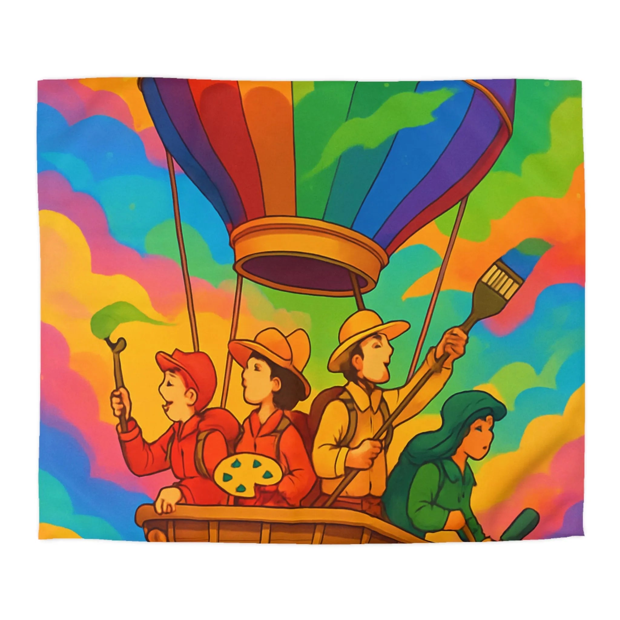 Housse de couette colorée avec montgolfière et artistes dans un ciel vibrant