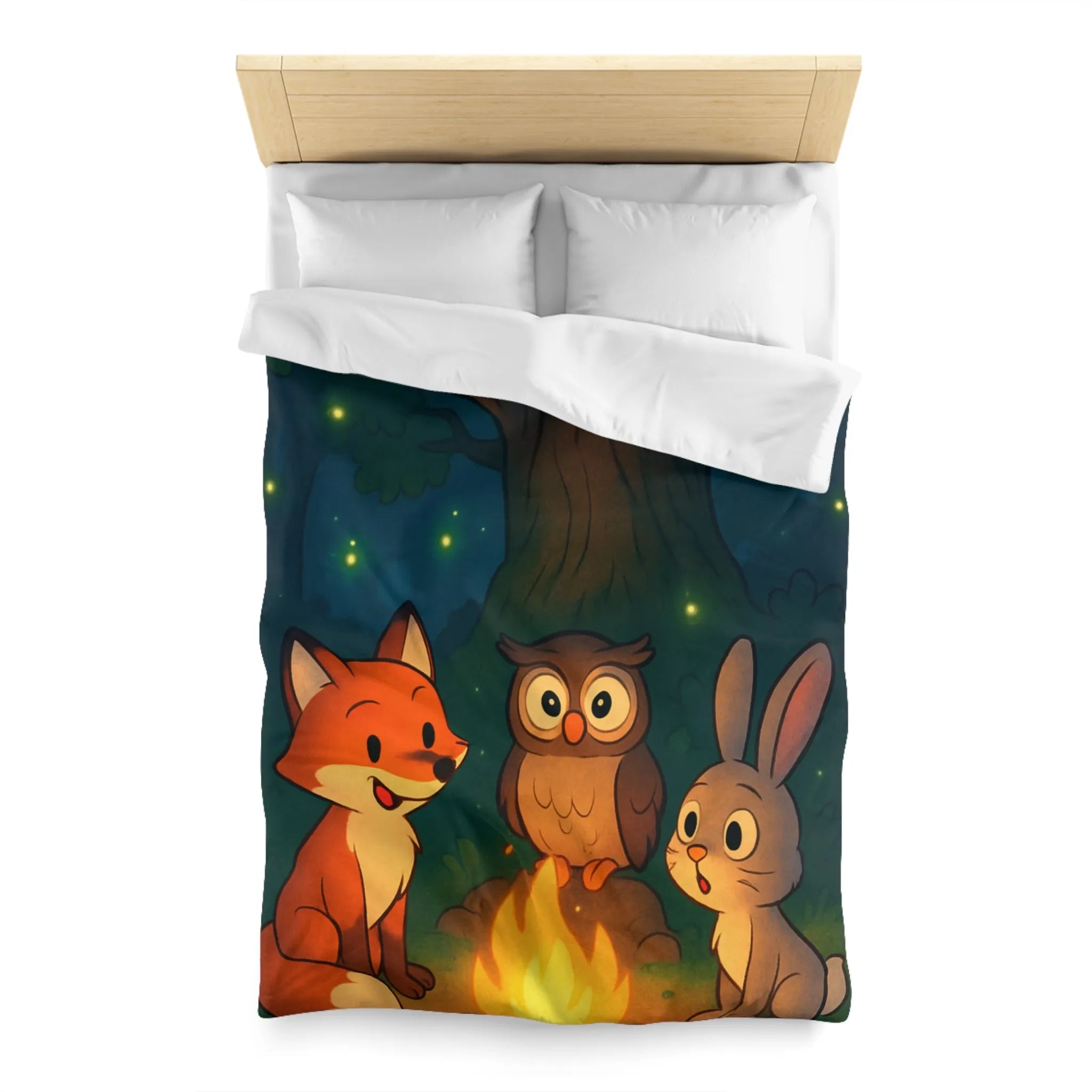 Housse de couette forêt mystique animaux autour du feu sous ciel étoilé magique