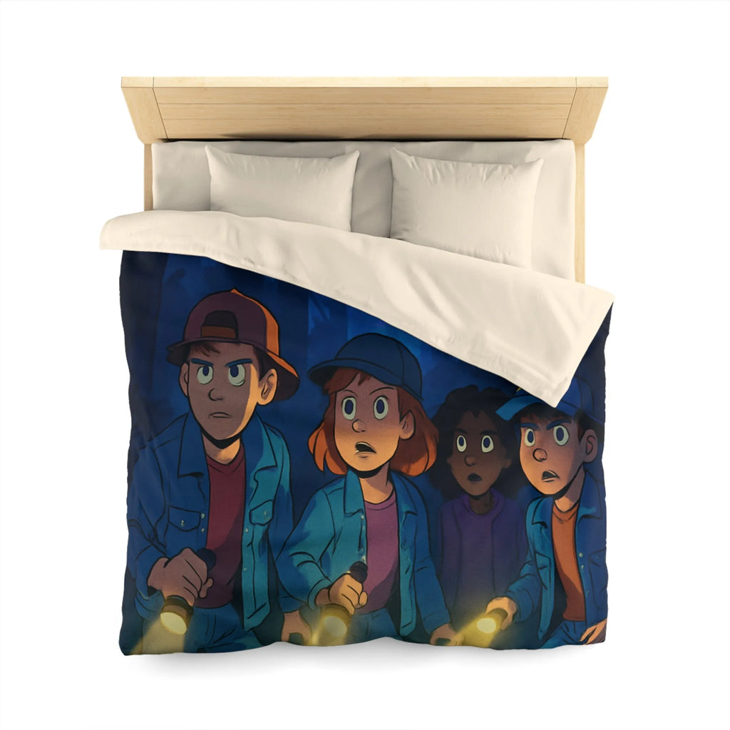 Housse de couette forêt mystérieuse enfants explorateurs avec lampes de poche illustration nocturne