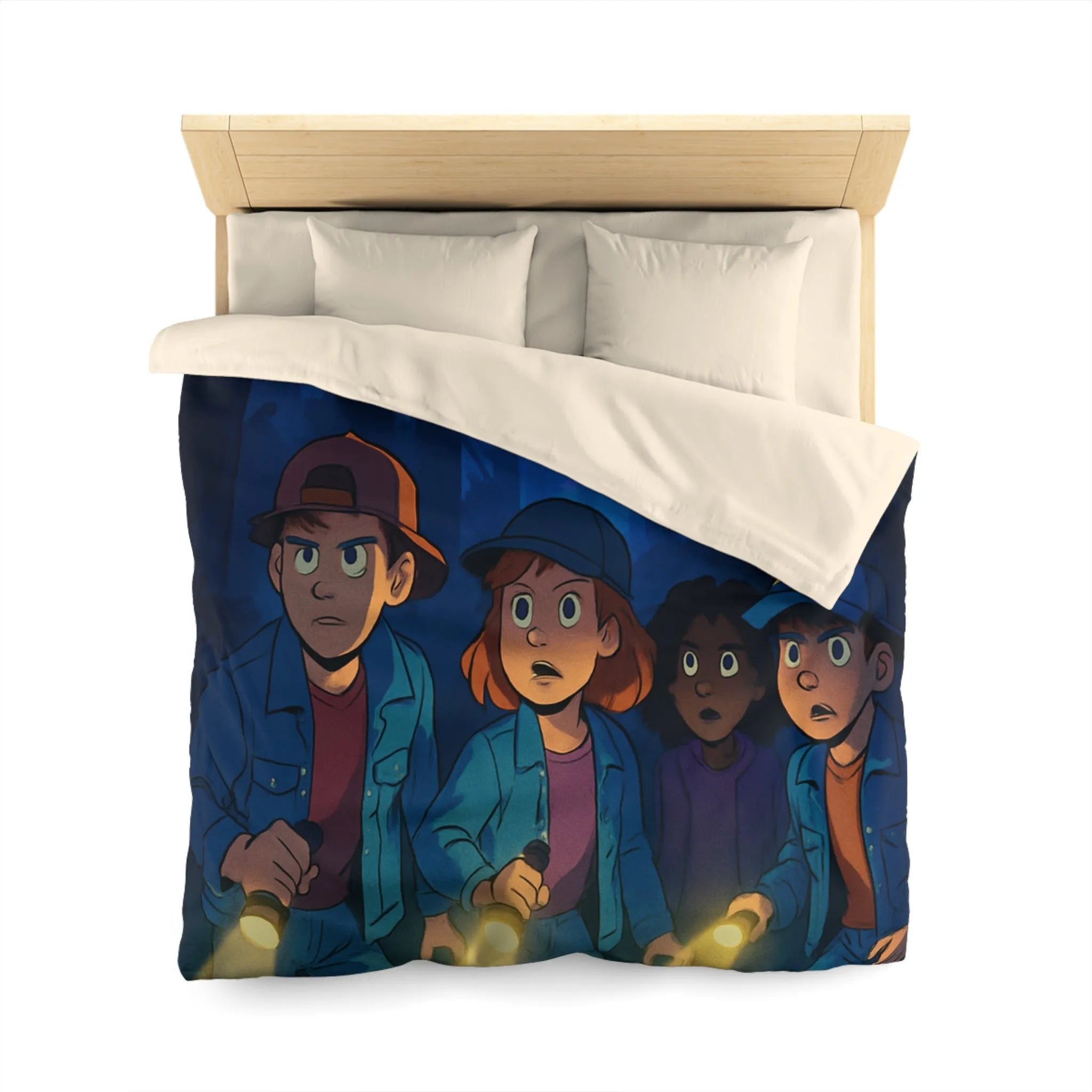 Housse de couette forêt mystérieuse enfants explorateurs avec lampes de poche illustration nocturne