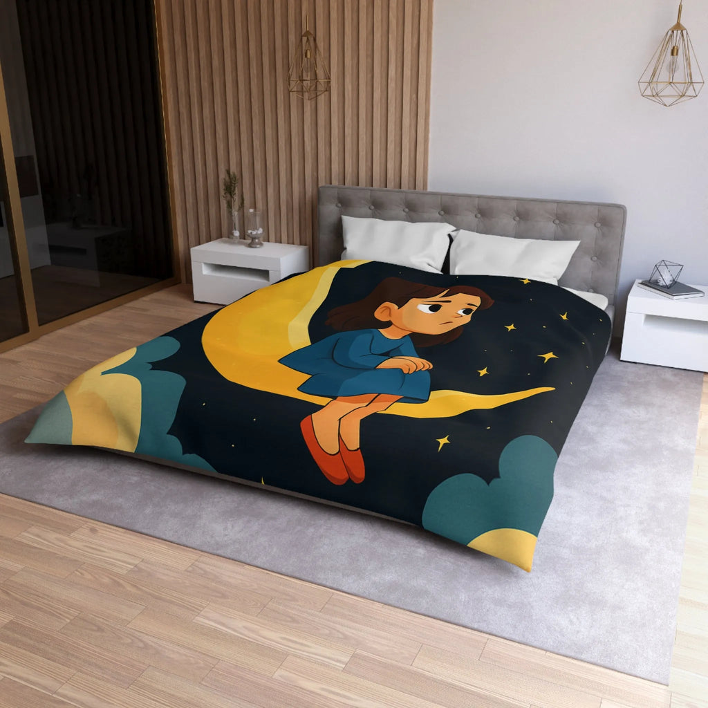 Housse de couette avec lune jaune, ciel étoilé et fille pensive en bleu