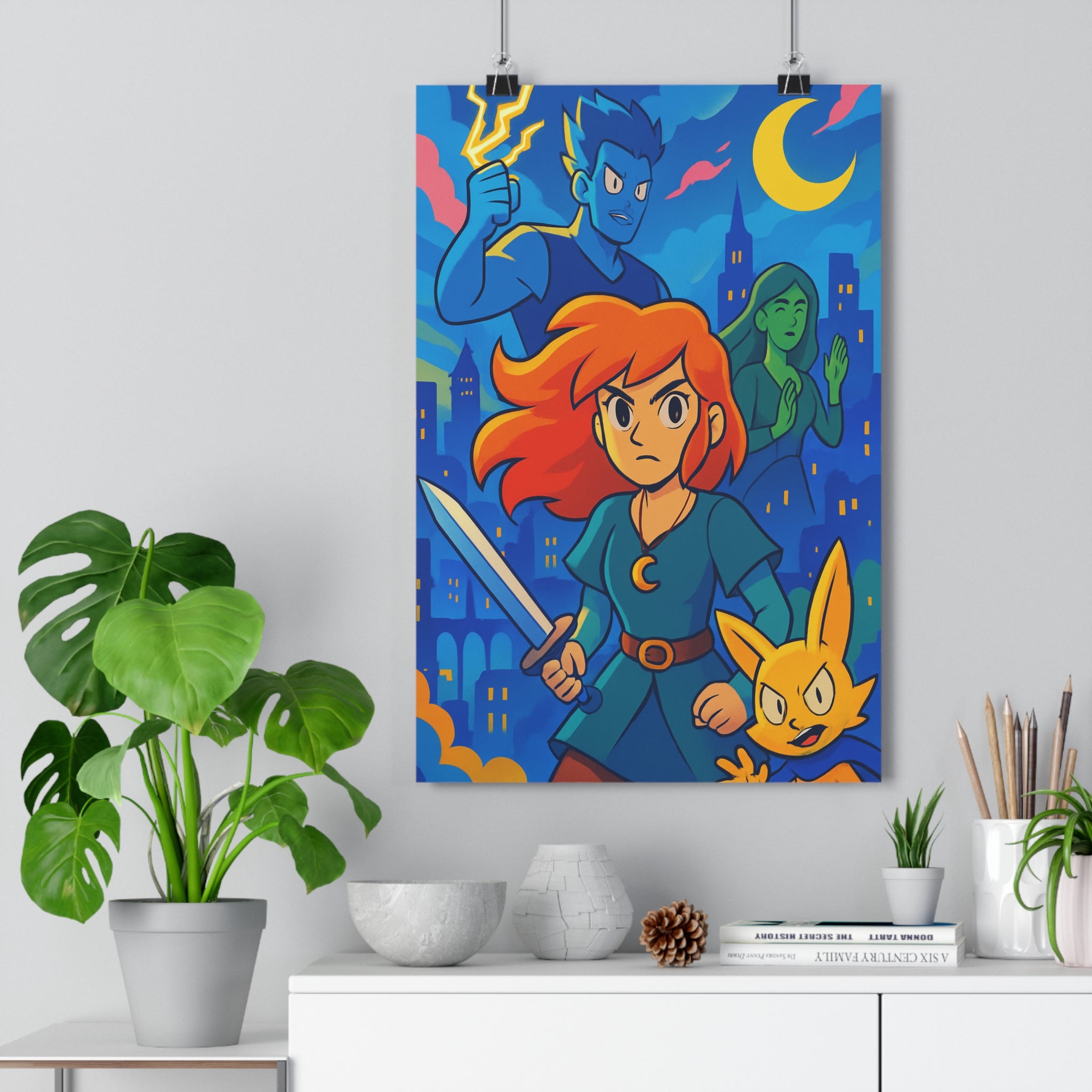 Poster décoratif anime vibrant nocturne mystique rouge jaune épée compagnon ville lune chambre qualité