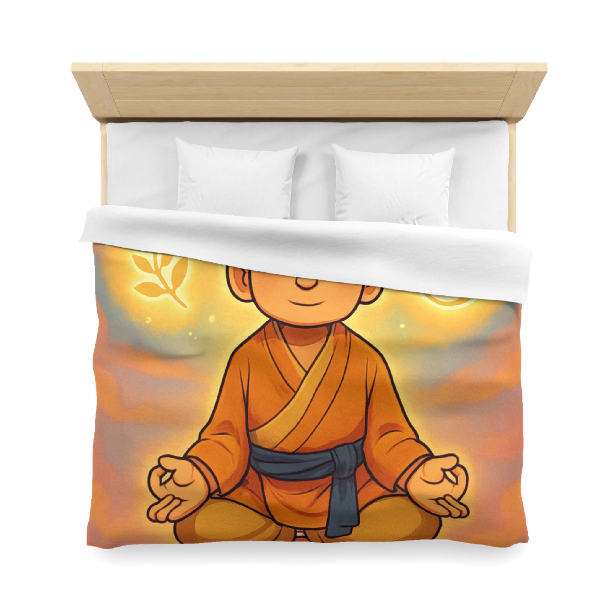 Housse de couette zen avec méditation, symboles spirituels, orange et bleu apaisant