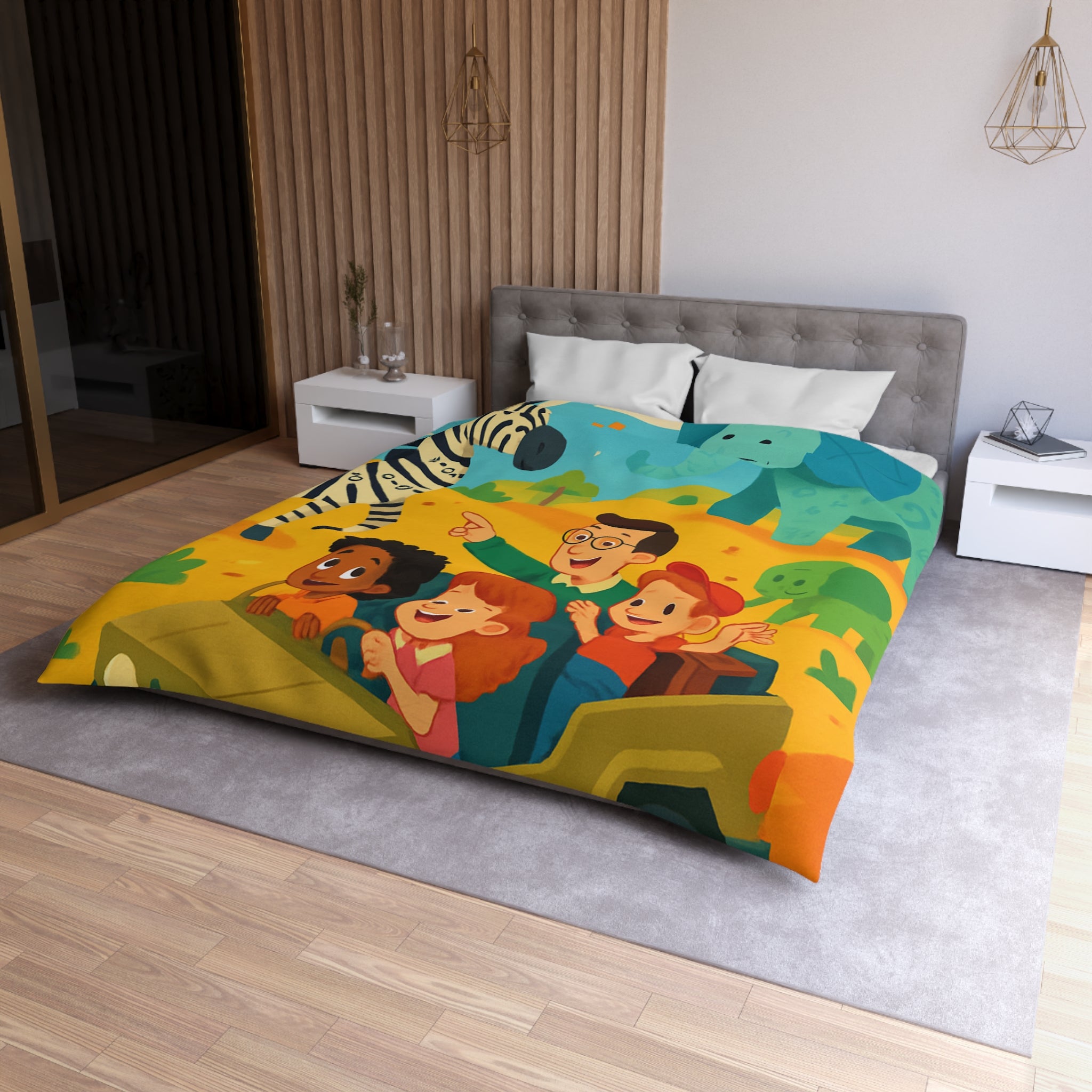 Housse de Couette Safari Éducatif avec Animaux Colorés et Enfants en Aventure