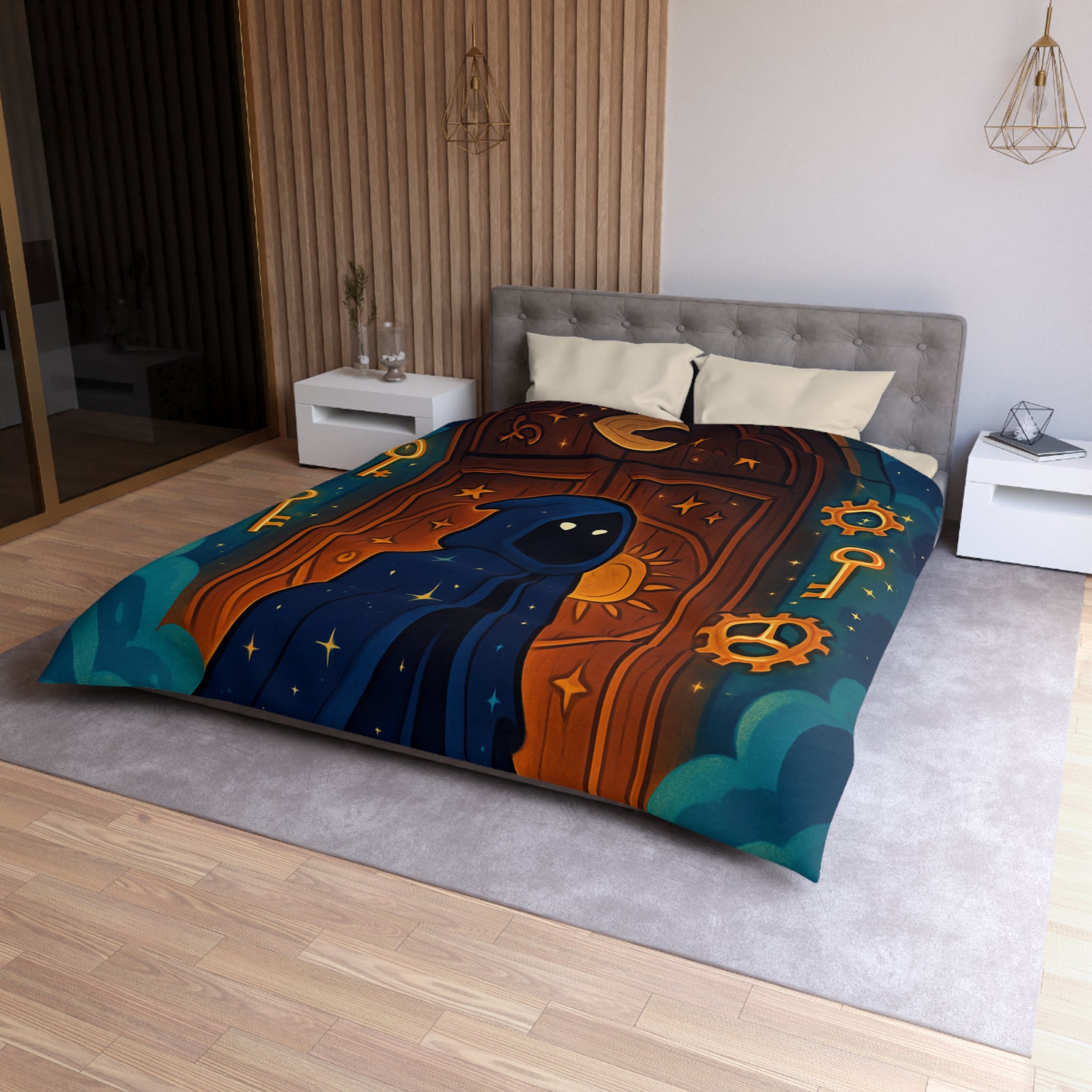 Housse de couette mystique avec capuche étoilée, porte magique et clés dorées