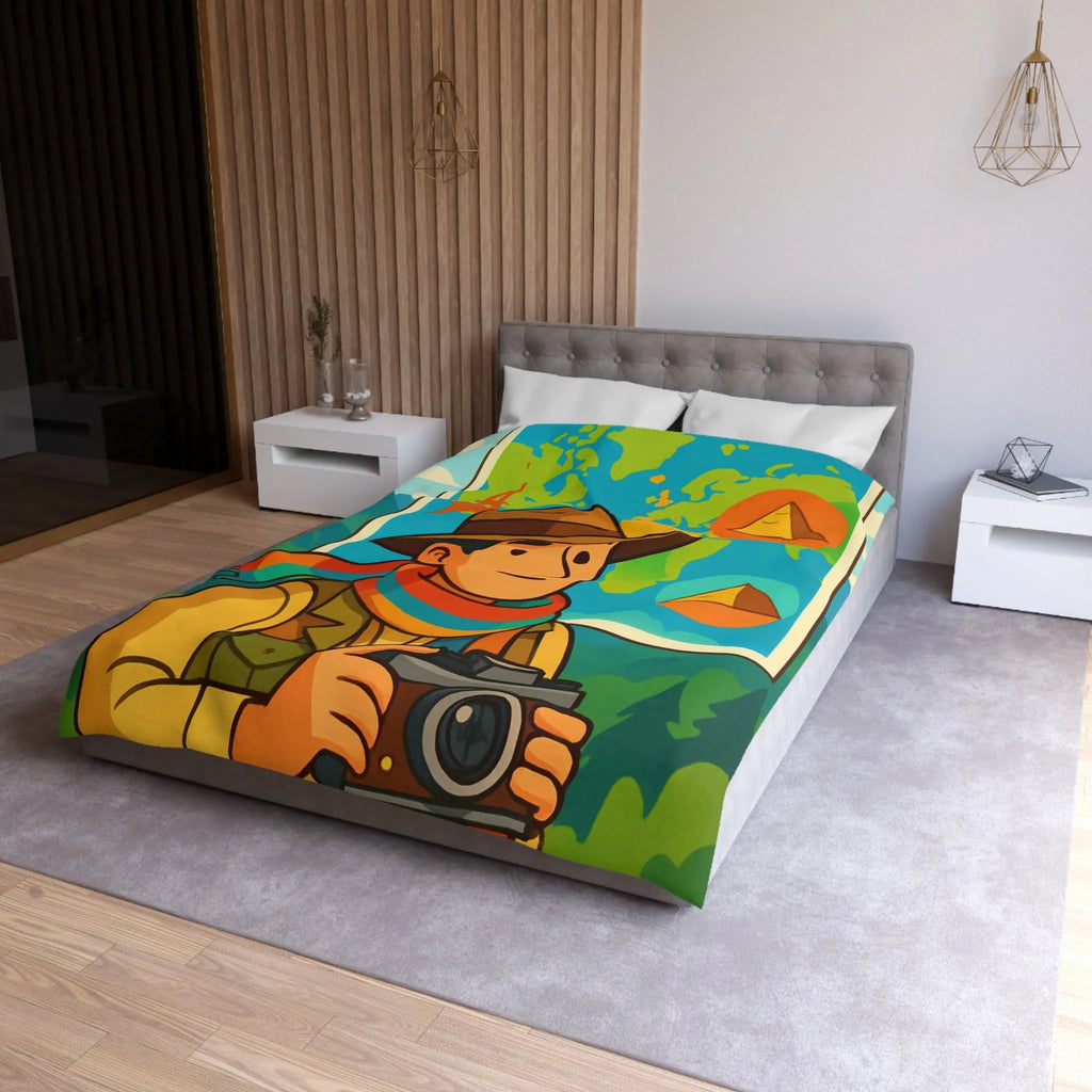 Housse de Couette Aventure Monde Carte Explorateur avec Illustrations Colorées et Éléments Culturels