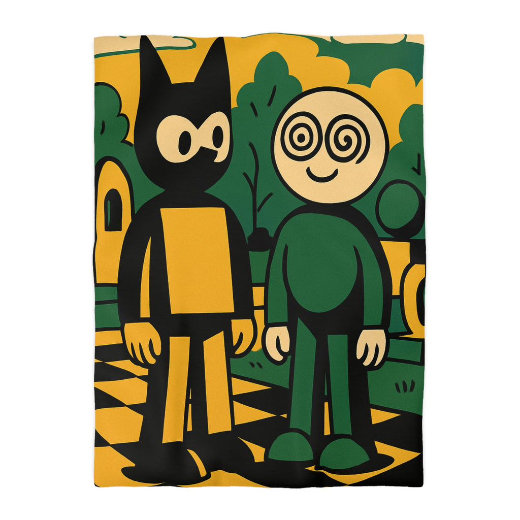 Housse de couette style pop-art cartoon avec personnages et paysage graphique original