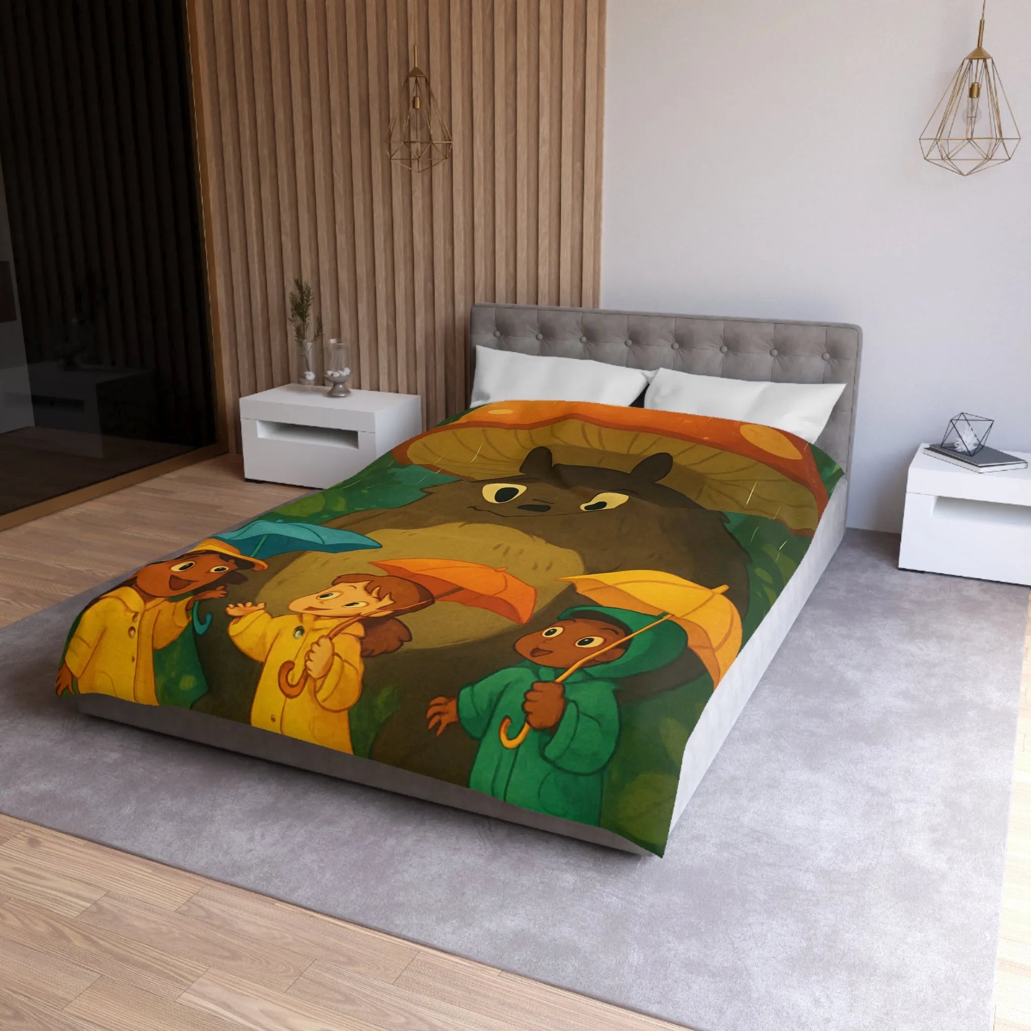 Housse de couette enfant avec ours sous champignon et enfants joyeux en forêt