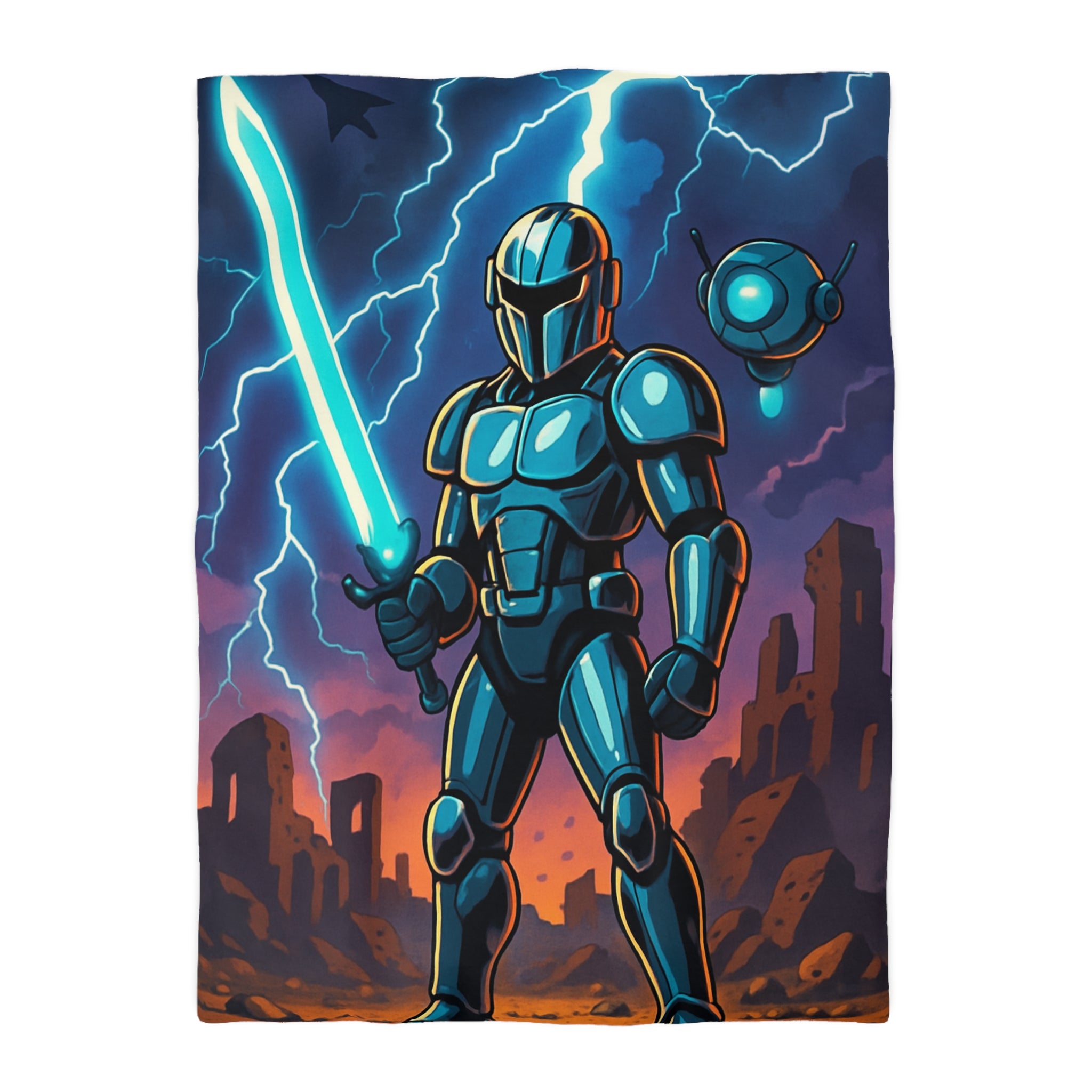 Housse de Couette Sci-Fi avec Guerrier en Armure et Paysage Apocalyptique