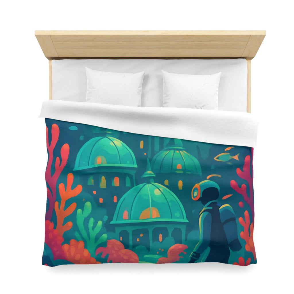 Housse de couette aux couleurs vibrantes inspirée d'une cité sous-marine avec poissons exotiques