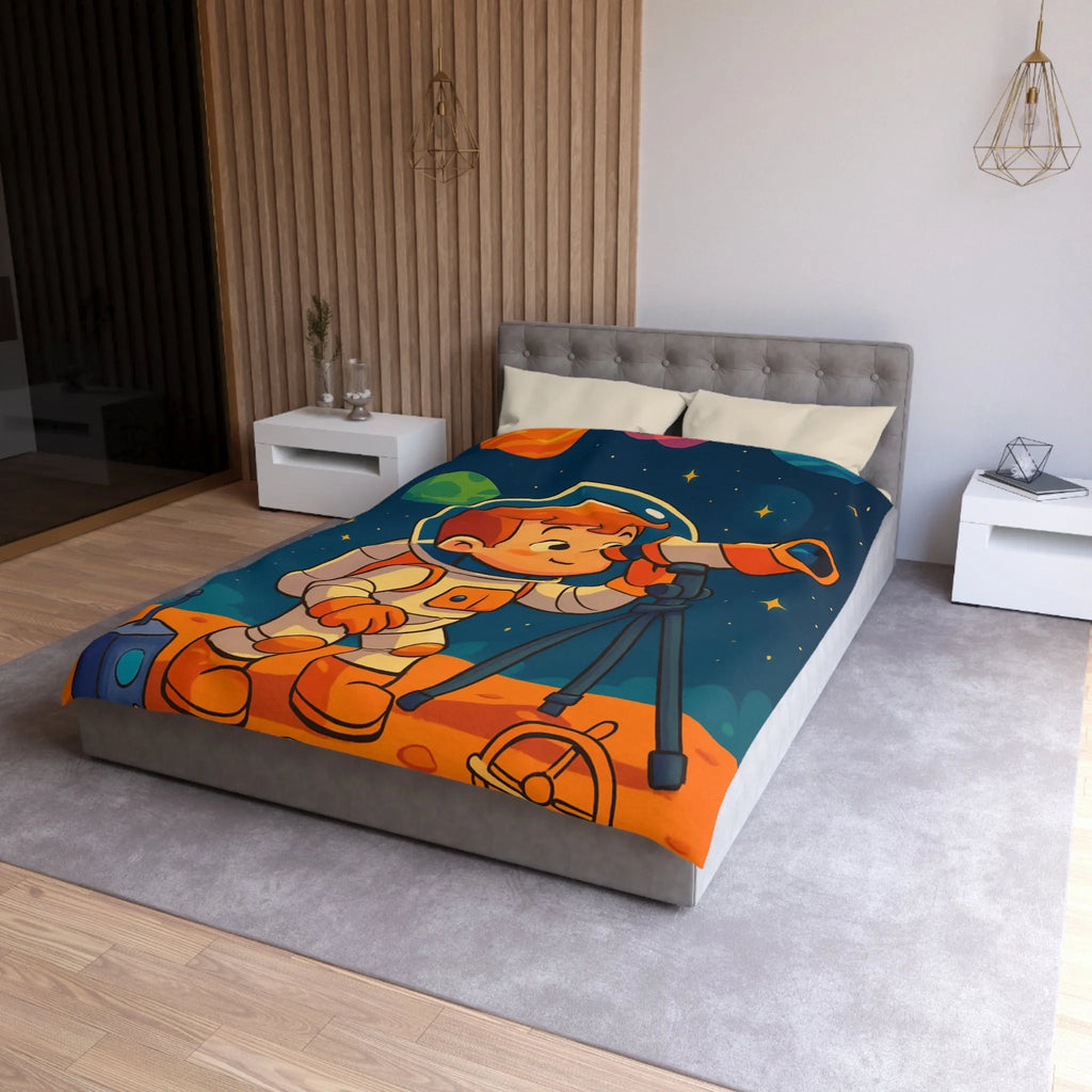 Housse couette enfant astronaute explorant planètes avec télescope carte étoilée