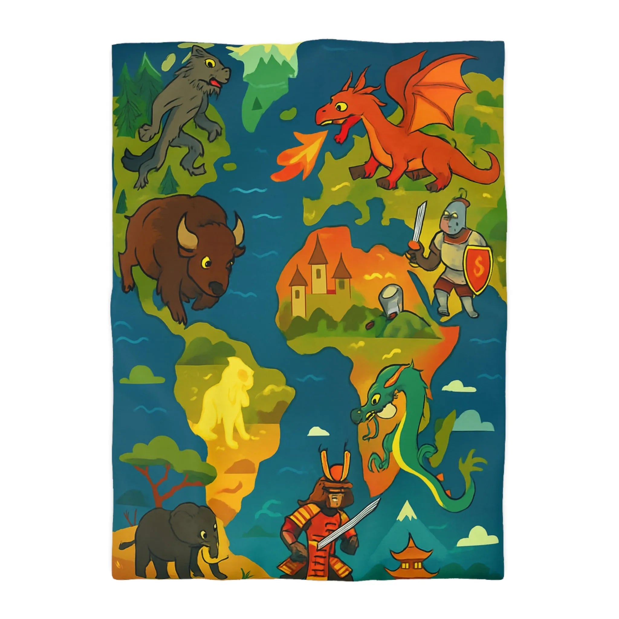 Housse de couette épique avec dragons, samouraïs et créatures légendaires au style coloré.