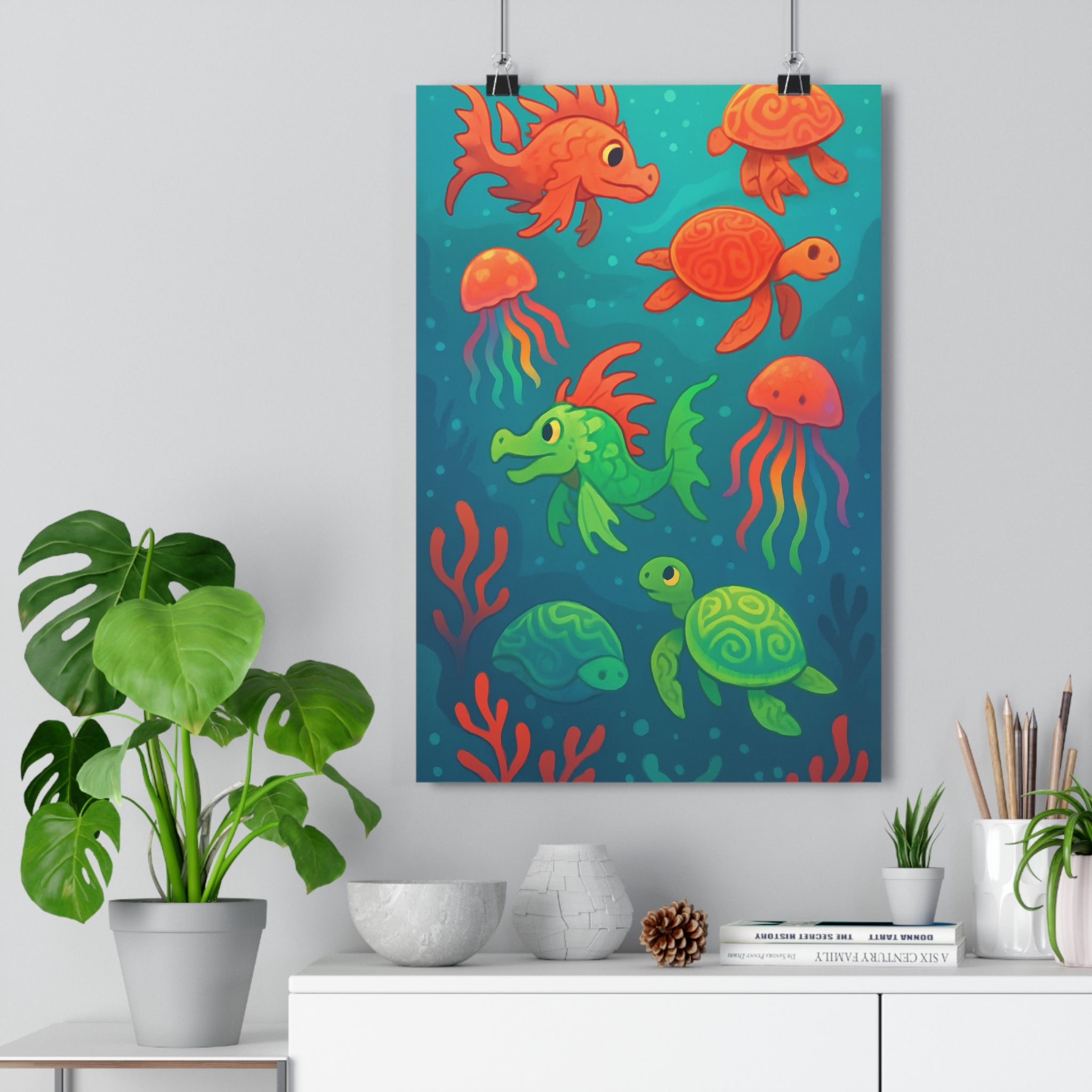 Poster décoratif coloré cartoon joyeux océan marin créatures chambre enfant bleu rouge corail vibrant