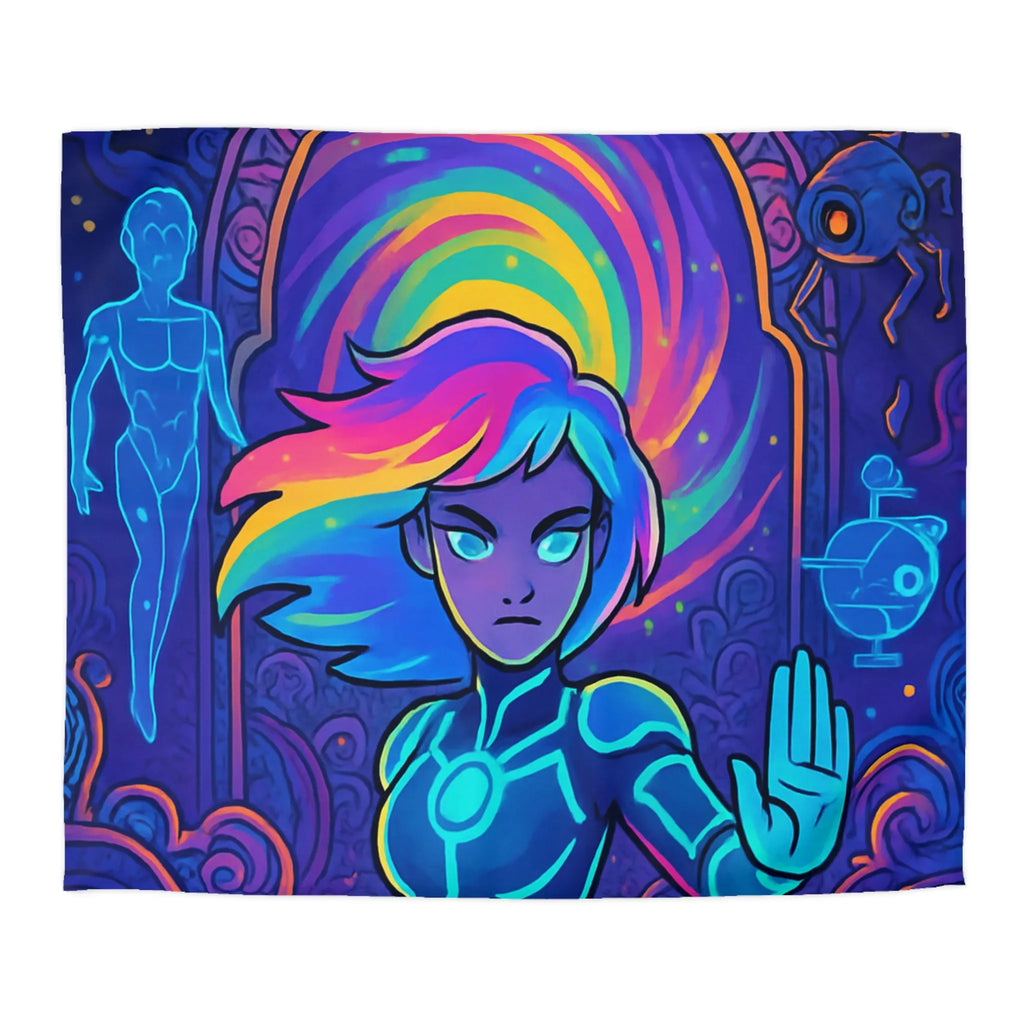 Housse de couette futuriste avec design néon multicolore et personnage dynamique