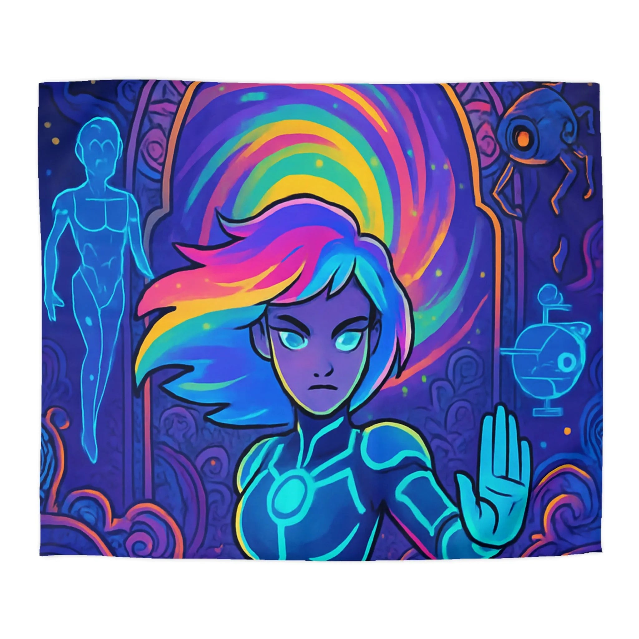 Housse de couette futuriste avec design néon multicolore et personnage dynamique