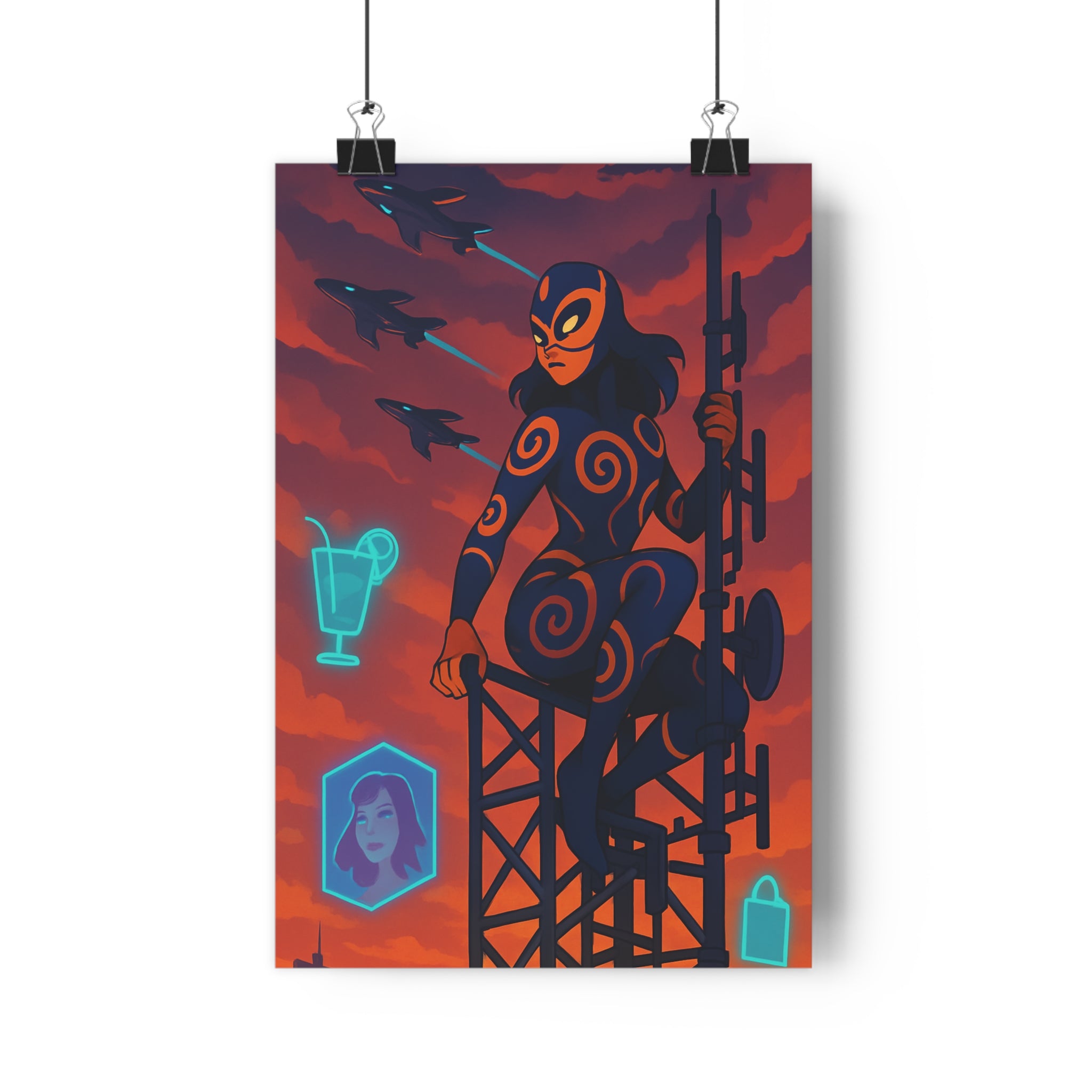 Poster décoratif crépuscule bleu orange dynamique moderne salon ambiance futuriste figure costumée unique qualité