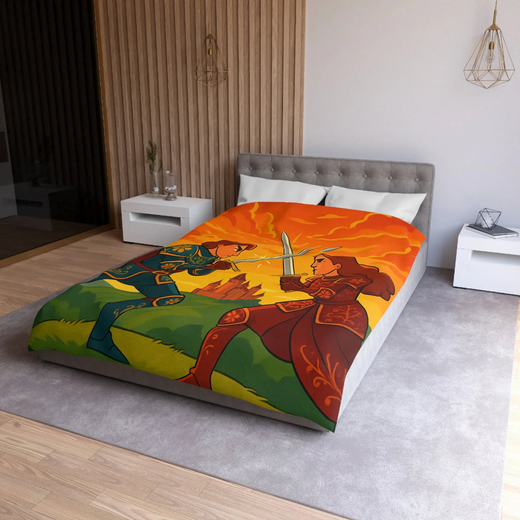 Épique housse de couette avec chevaliers médiévaux, châteaux et ciel flamboyant