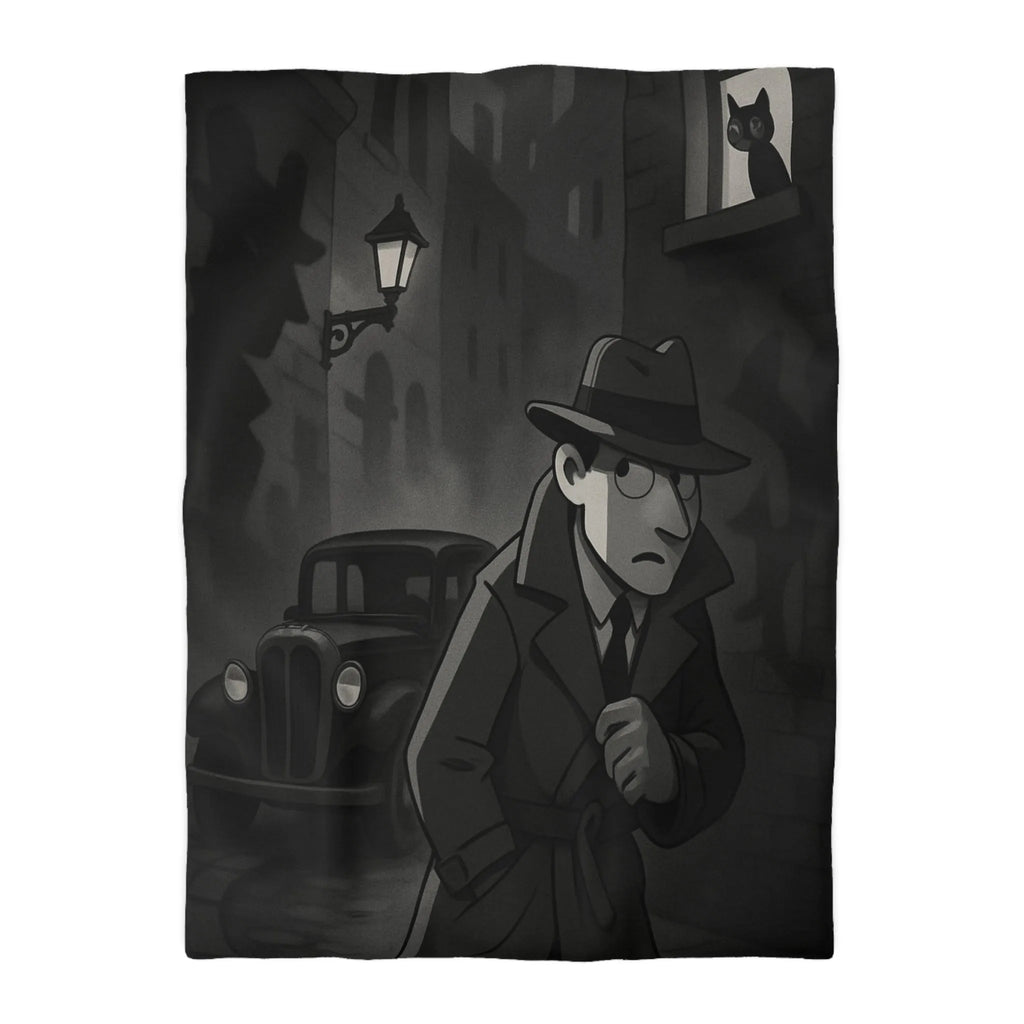 Housse de couette élégante avec scène de détective en ville sous lampadaire nocturne
