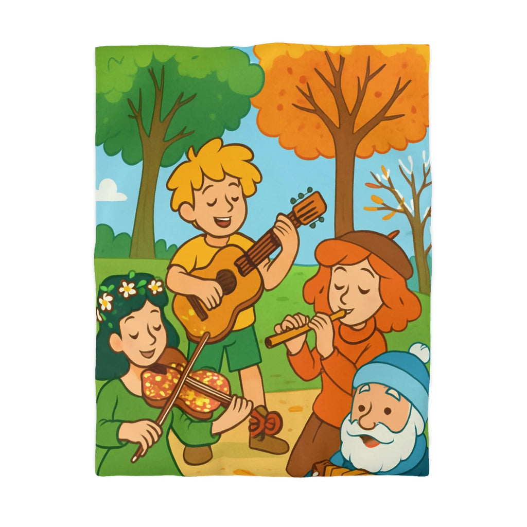 Housse de couette colorée avec enfants jouant de la musique en forêt automnale