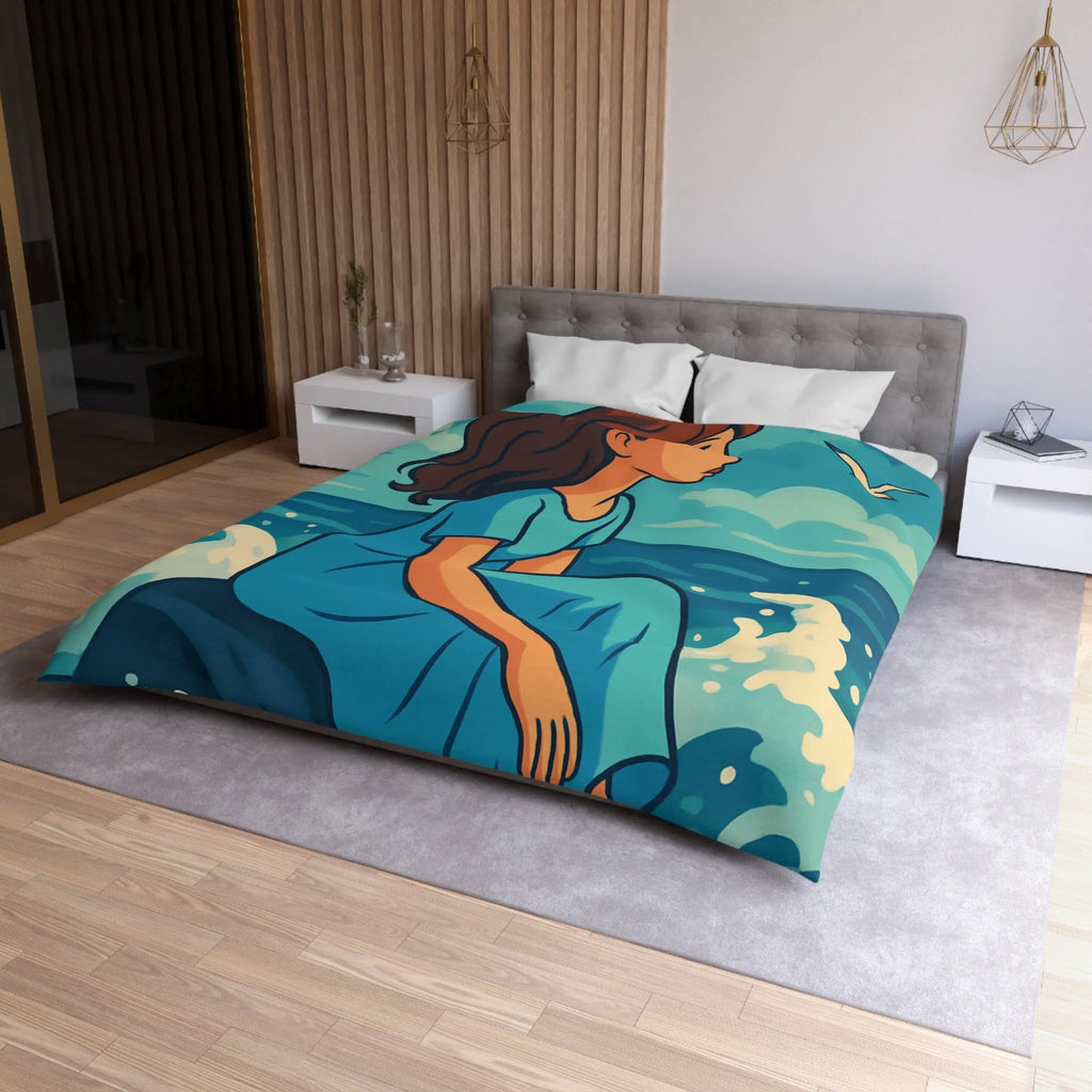 Housse de Couette Art Nouveau Femme Mermaid Assise sur Rochers avec Mouettes