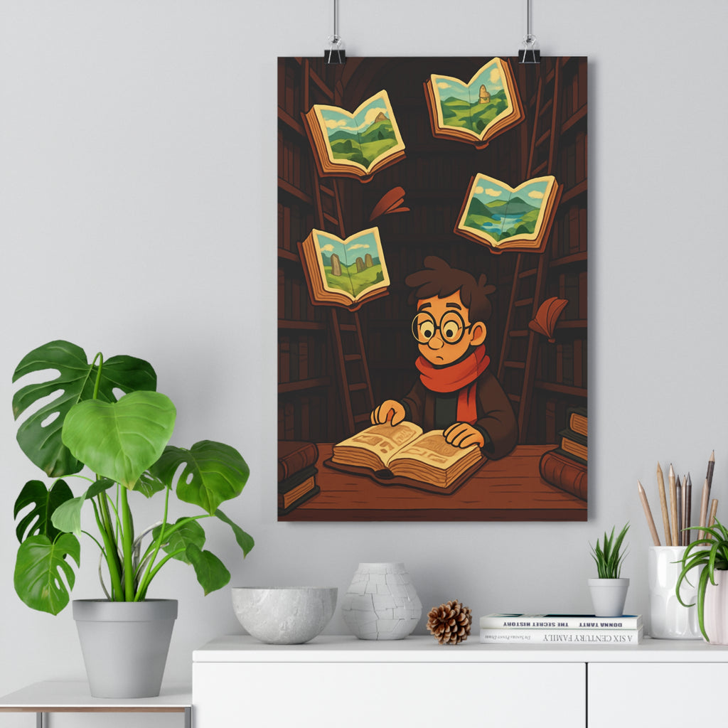 Poster décoratif mystique bibliothèque lecteur lunettes écharpe rouge anime chaleureux chambre 30x46 atmosphère intriguing