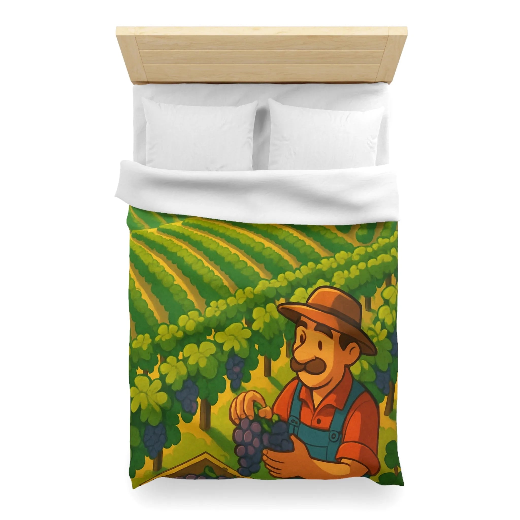 Housse de couette illustration de vendangeur dans un vignoble éclairé par soleil radieux