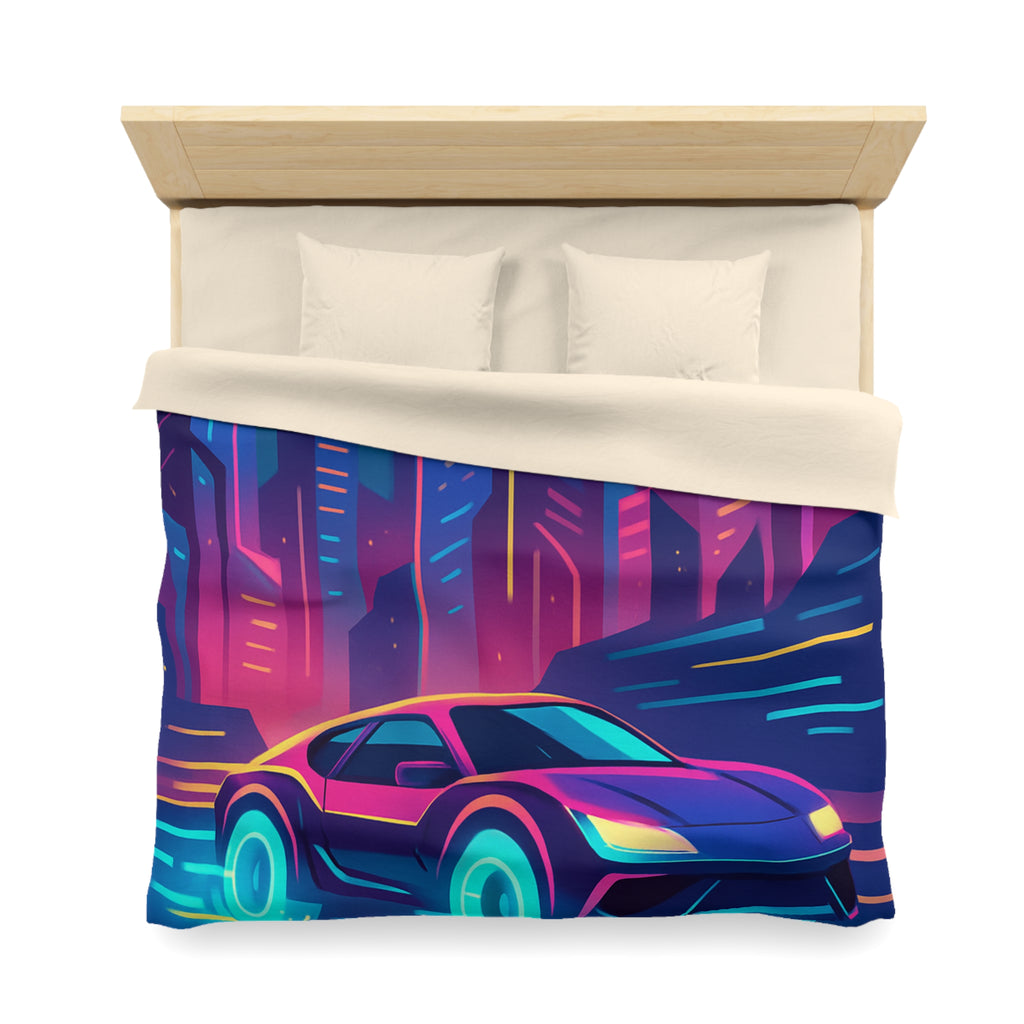 Parure de lit futuriste avec voiture néon sous lune pleine en ville vibrante