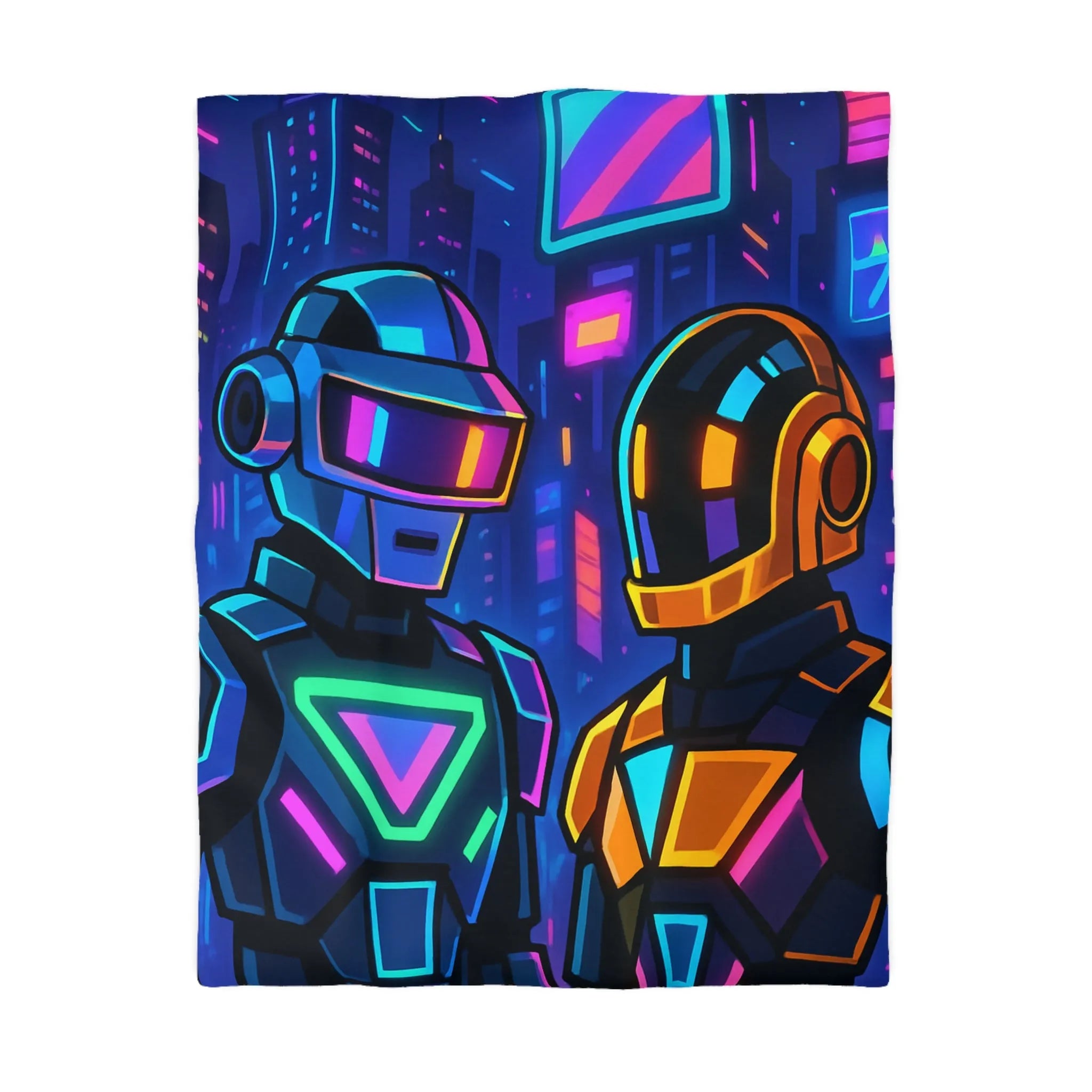 Housse de couette cyber thématique avec robots néons dans une ville futuriste colorée