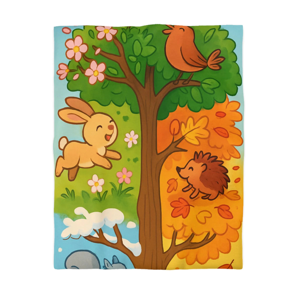 Housse de couette imprimée animaux des quatre saisons avec arbre coloré, nature joyeuse