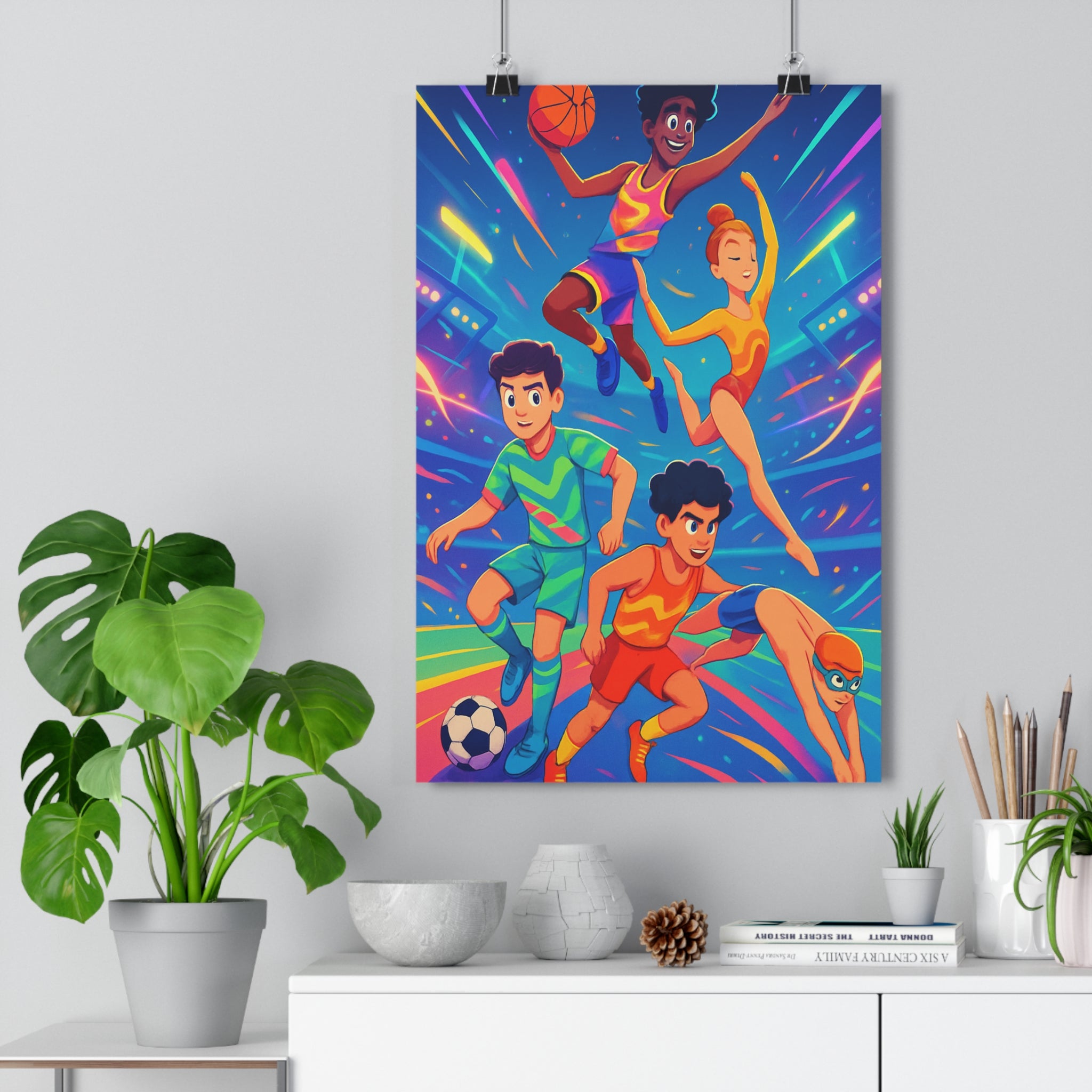 Poster décoratif cartoon dynamique coloré joyeux chambre enfant sportif basket danse football athlétisme natation