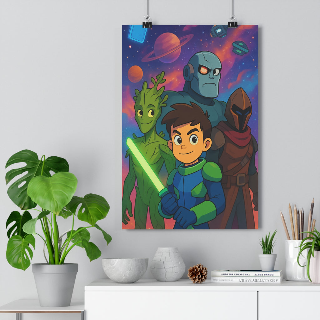 Poster décoratif vibrant héros épée verte créature robot mystique chambre aventure illustration étoilé moderne