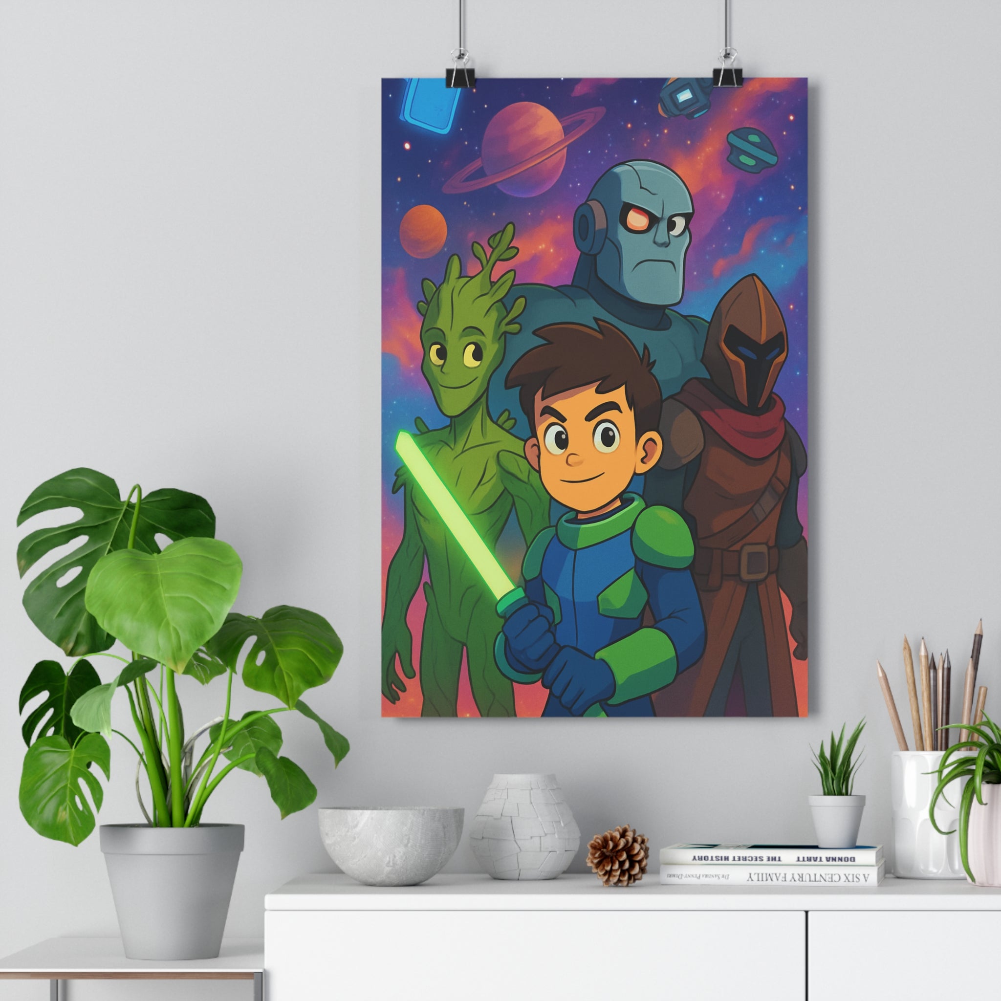 Poster décoratif vibrant héros épée verte créature robot mystique chambre aventure illustration étoilé moderne