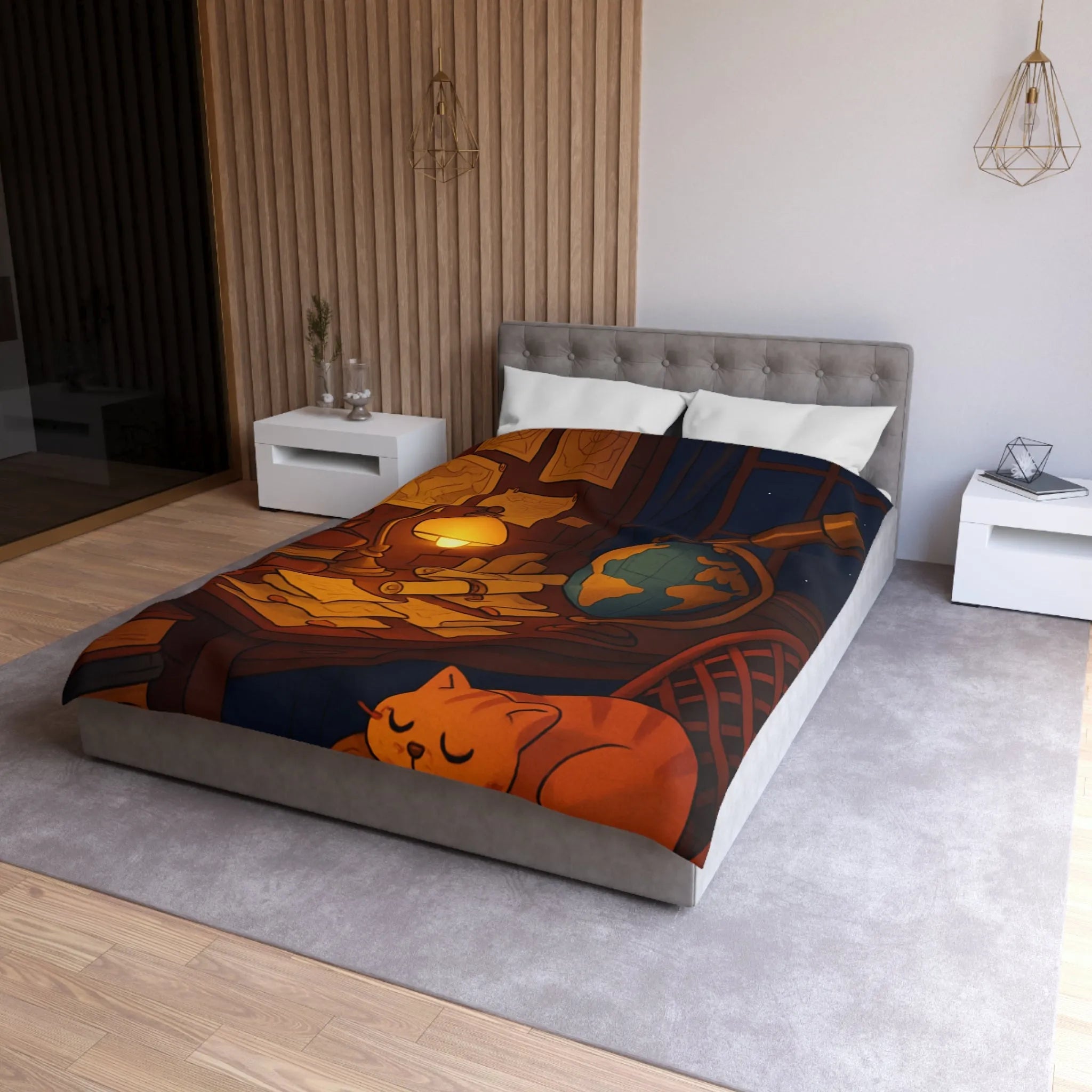 Housse de Couette Astronomie Vintage avec Chat et Globe Terrestre pour Chambre Apaisante