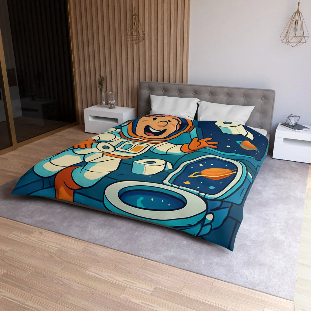 Housse de couette avec astronaute joyeux en cabine spatiale avec rouleaux flottants