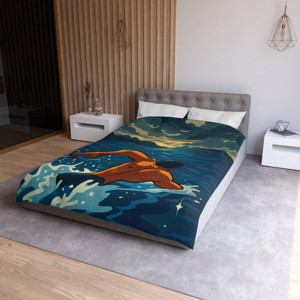 Housse de Couette avec Nageur Solitaire au Clair de Lune sur Océan Étincelant