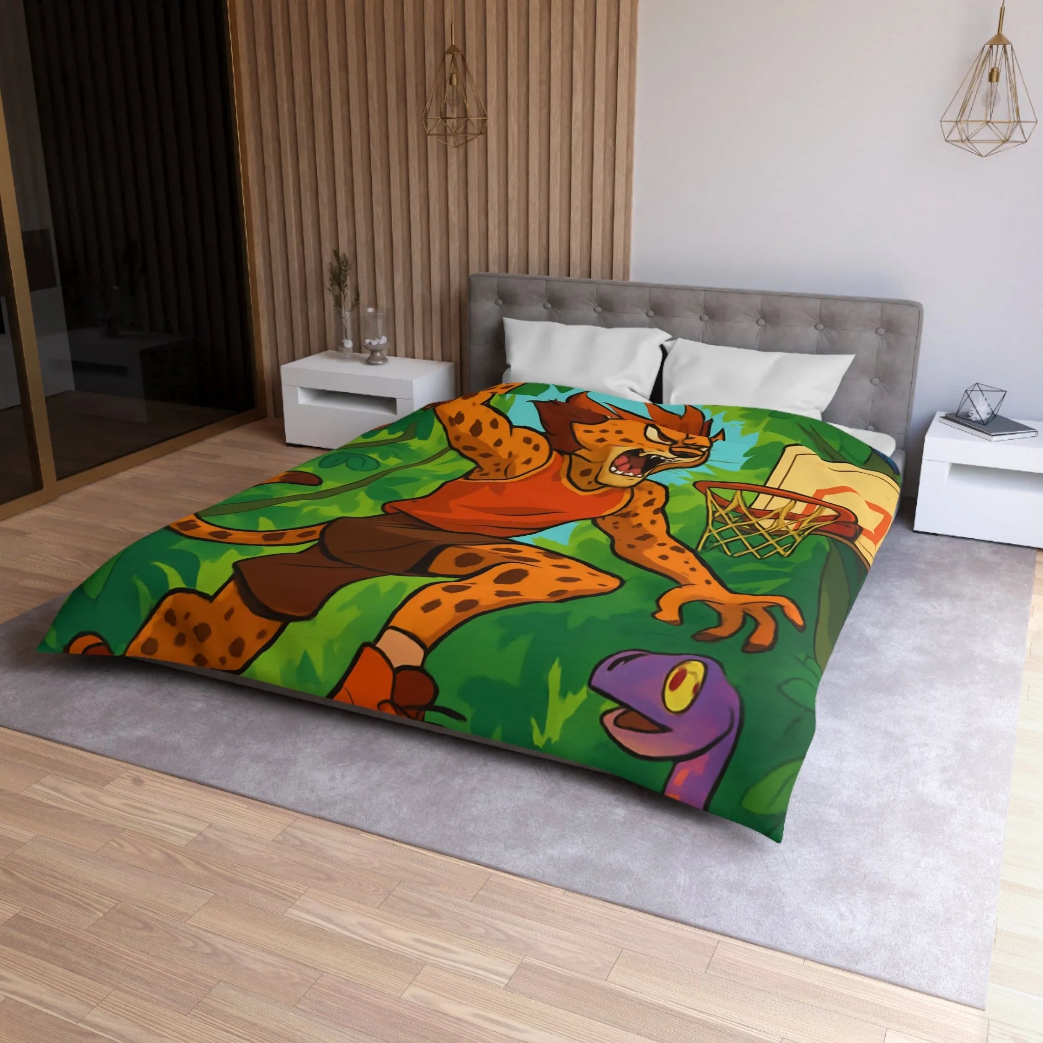 Housse de couette jungle dynamique avec lionceaux jouant au basket dans la forêt