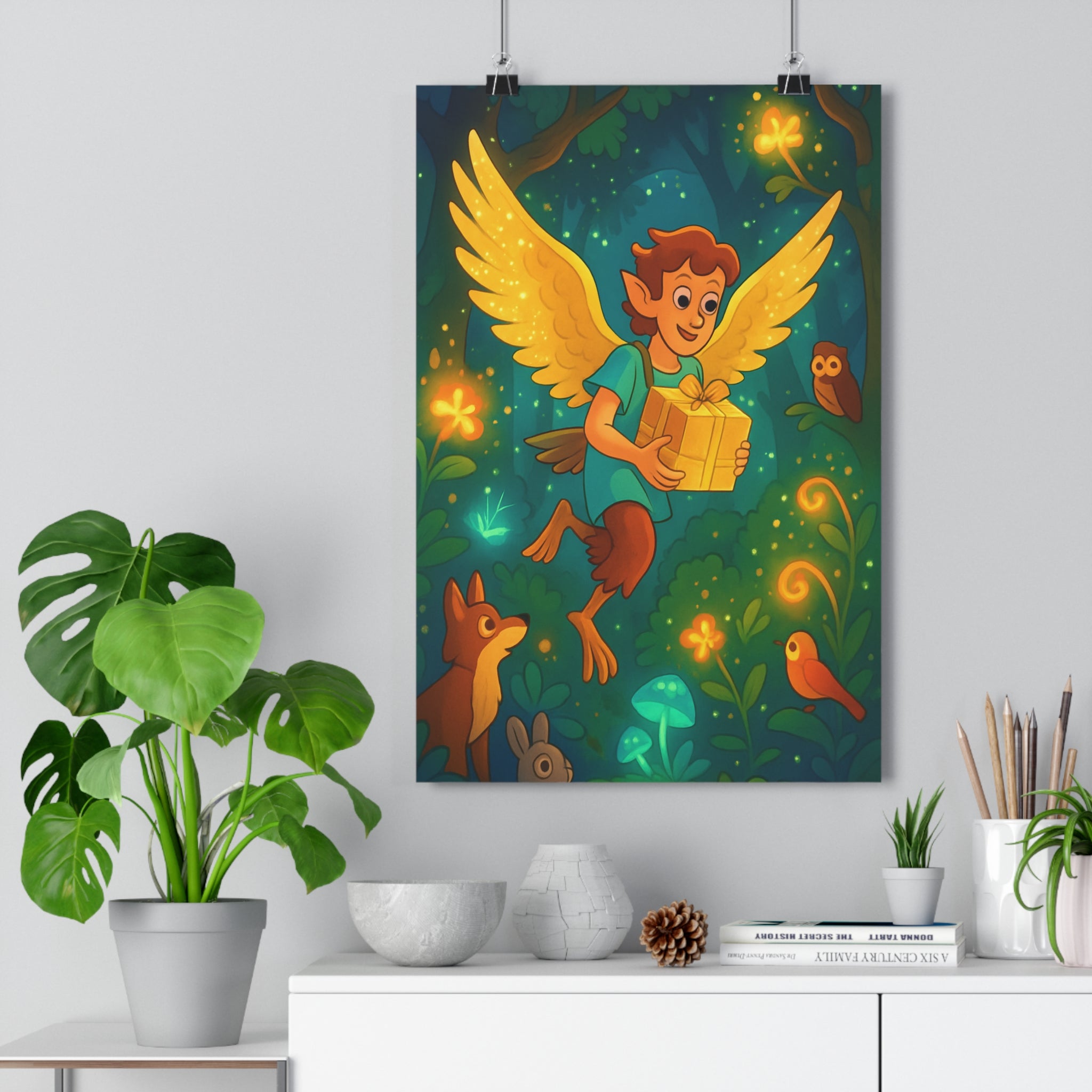 Poster décoratif féerique lumineux fantastique forêt multicolore cartoon magique chambre enfant dessin animé ambiance