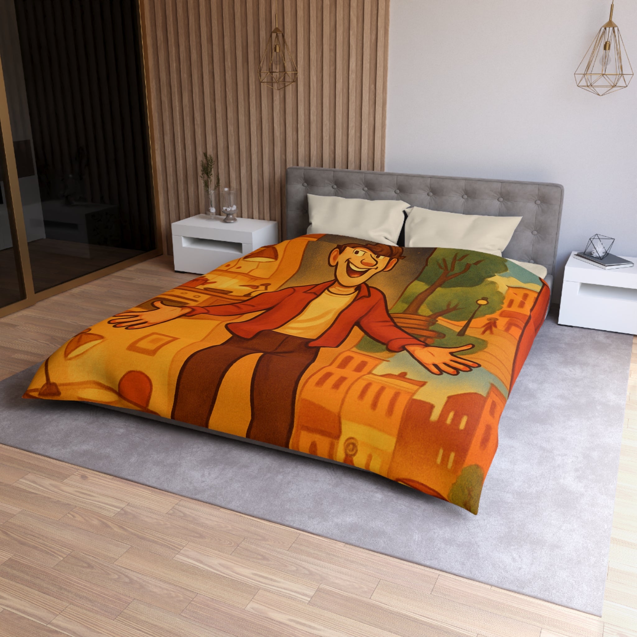 Housse de Couette Théâtrale avec Scène d'Intérieur et Extérieur Ville Colorée