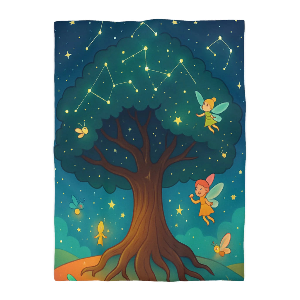 Housse de couette féérique avec arbre enchanté et fées sous les constellations étoilées
