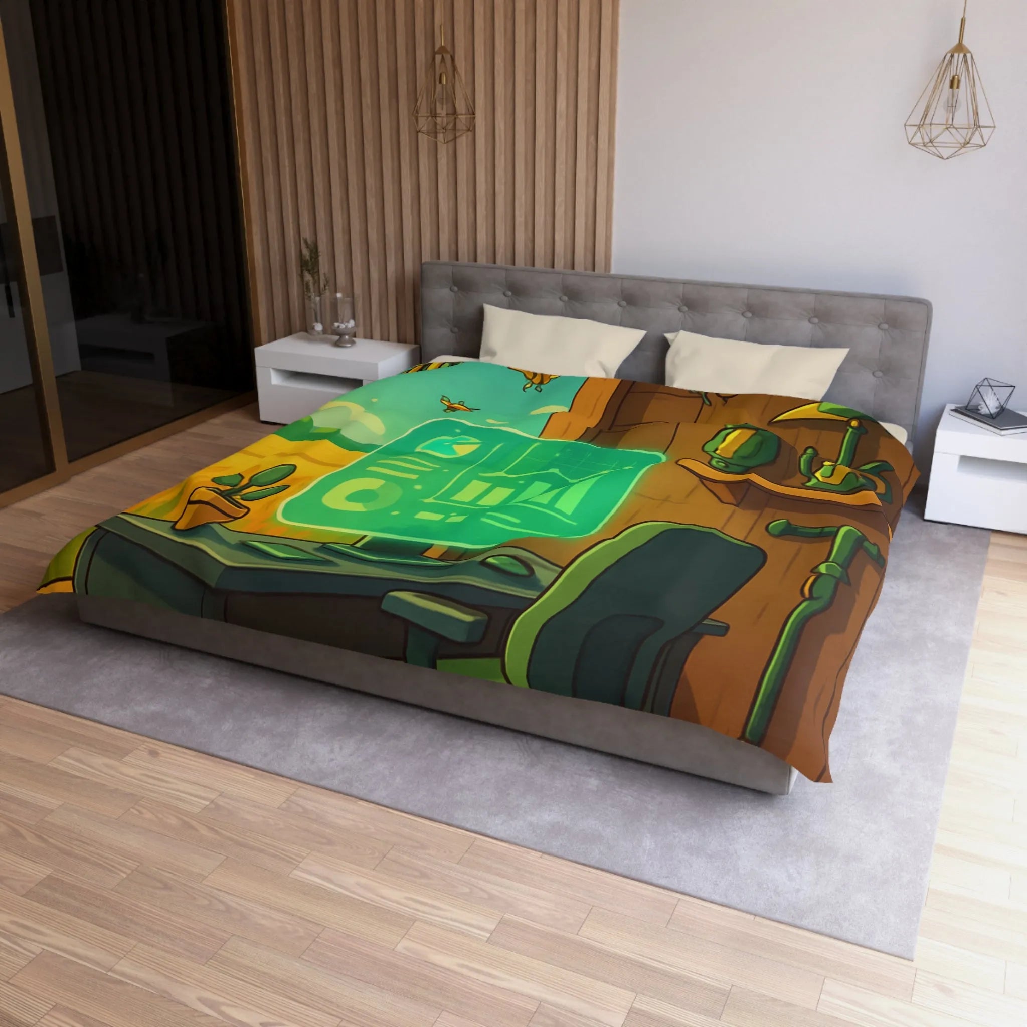 Housse de couette avec design moderne d'abeilles et station de travail futuriste