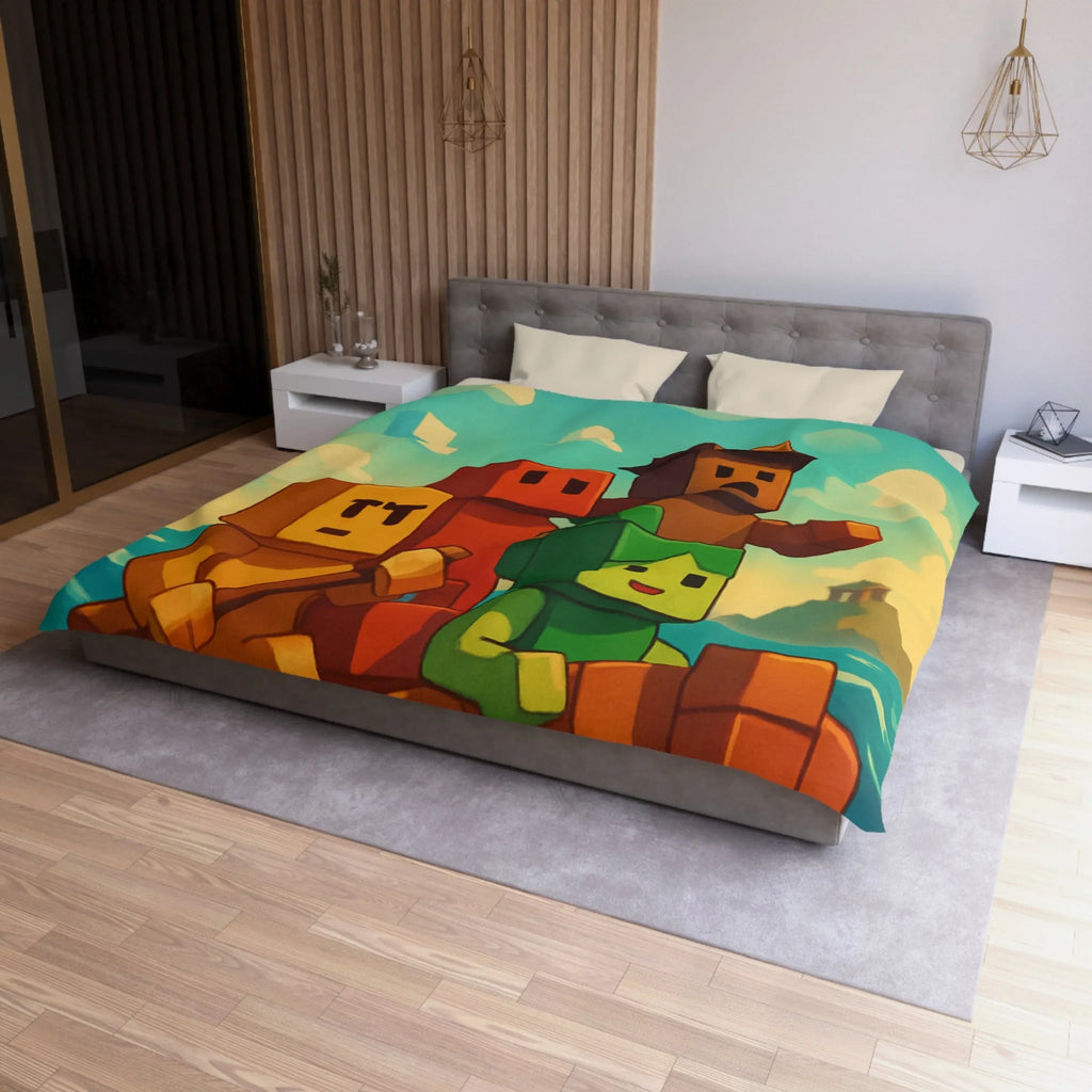 Housse de couette colorée avec personnages pixelisés sur un bateau en mer agité