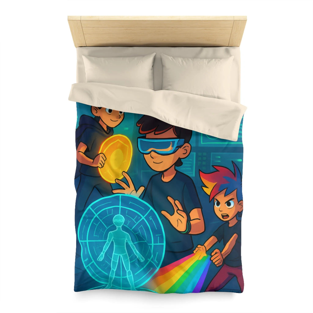 Housse de couette colorée avec enfants explorant un monde futuriste numérique et lumineux