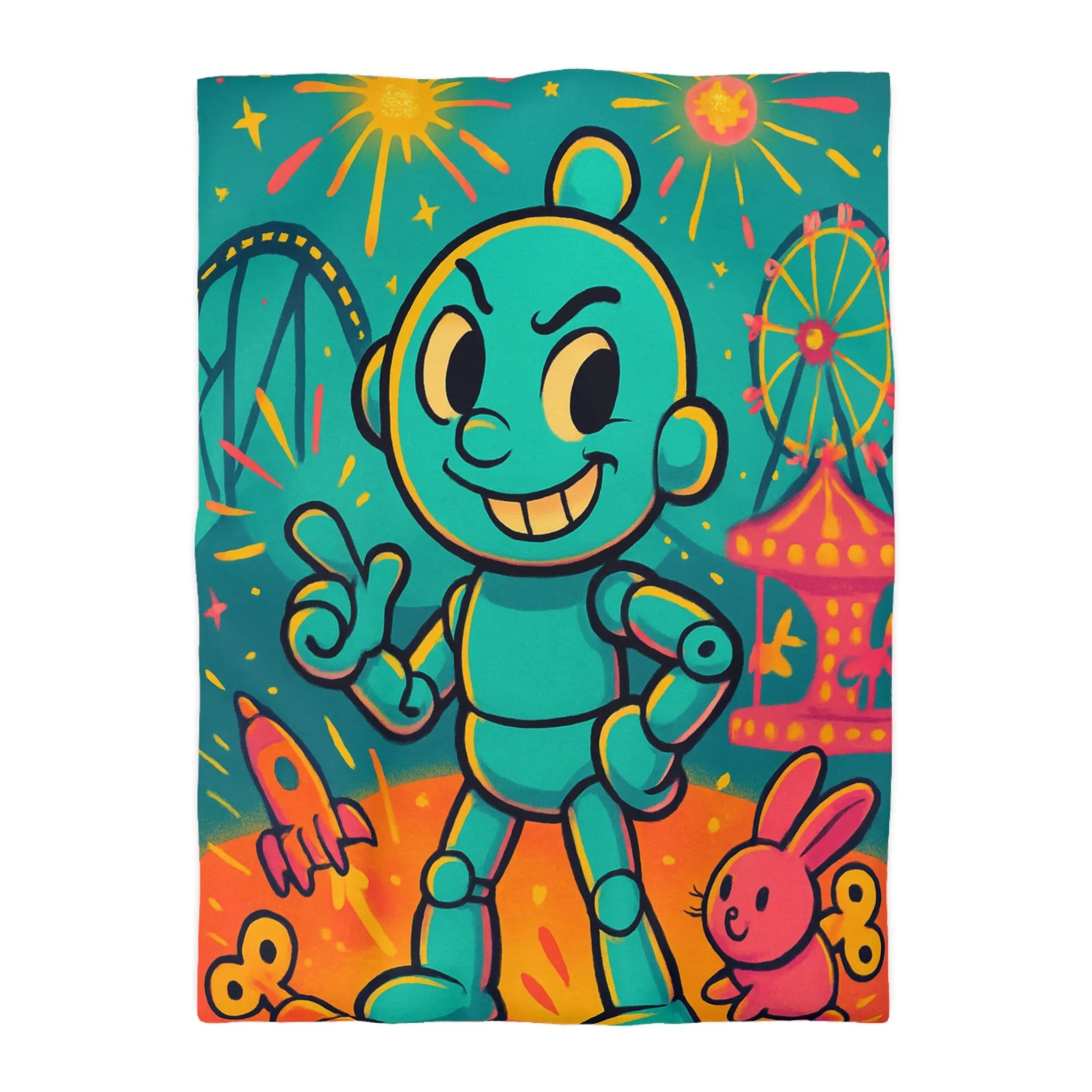 Housse de Couette Ludique avec Robot Jouet et Feux d’Artifice Multicolores pour Enfants